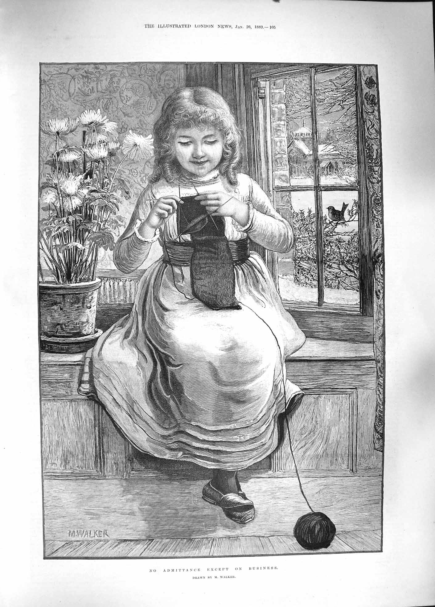 Old Antique Print 1889 Little Girl Knitting No Admittance Except Business 19th