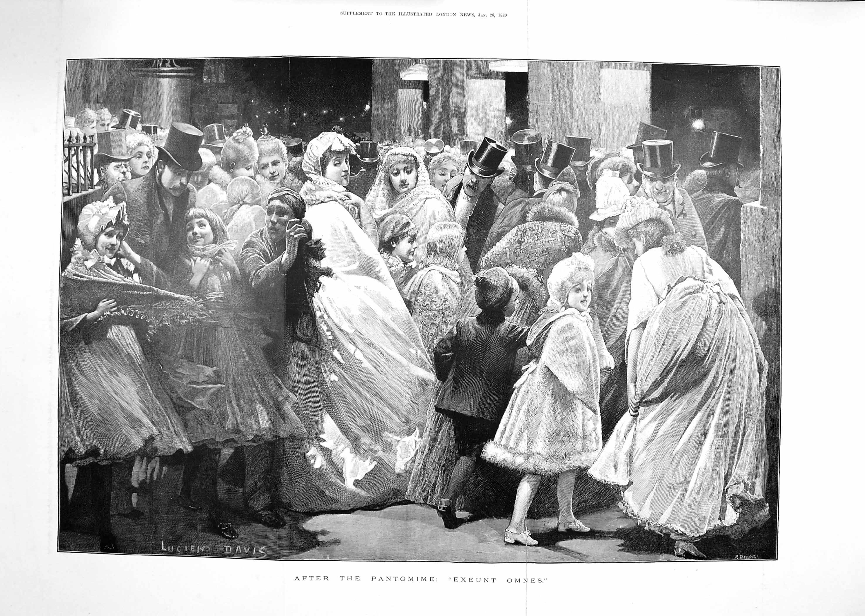 Original Old Antique Print 1889 Scene After Pantomime Exeunt Omnes Audience