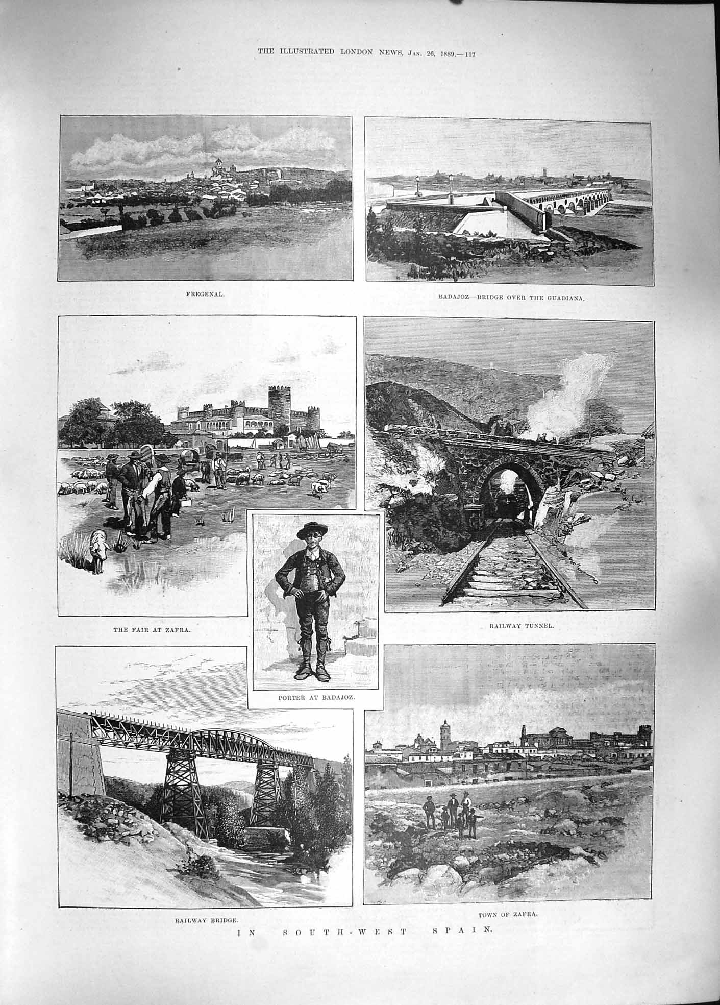 Original Old Antique Print 1889 Spain Fregenal Badajoz Zafra Railway Bridge 19th