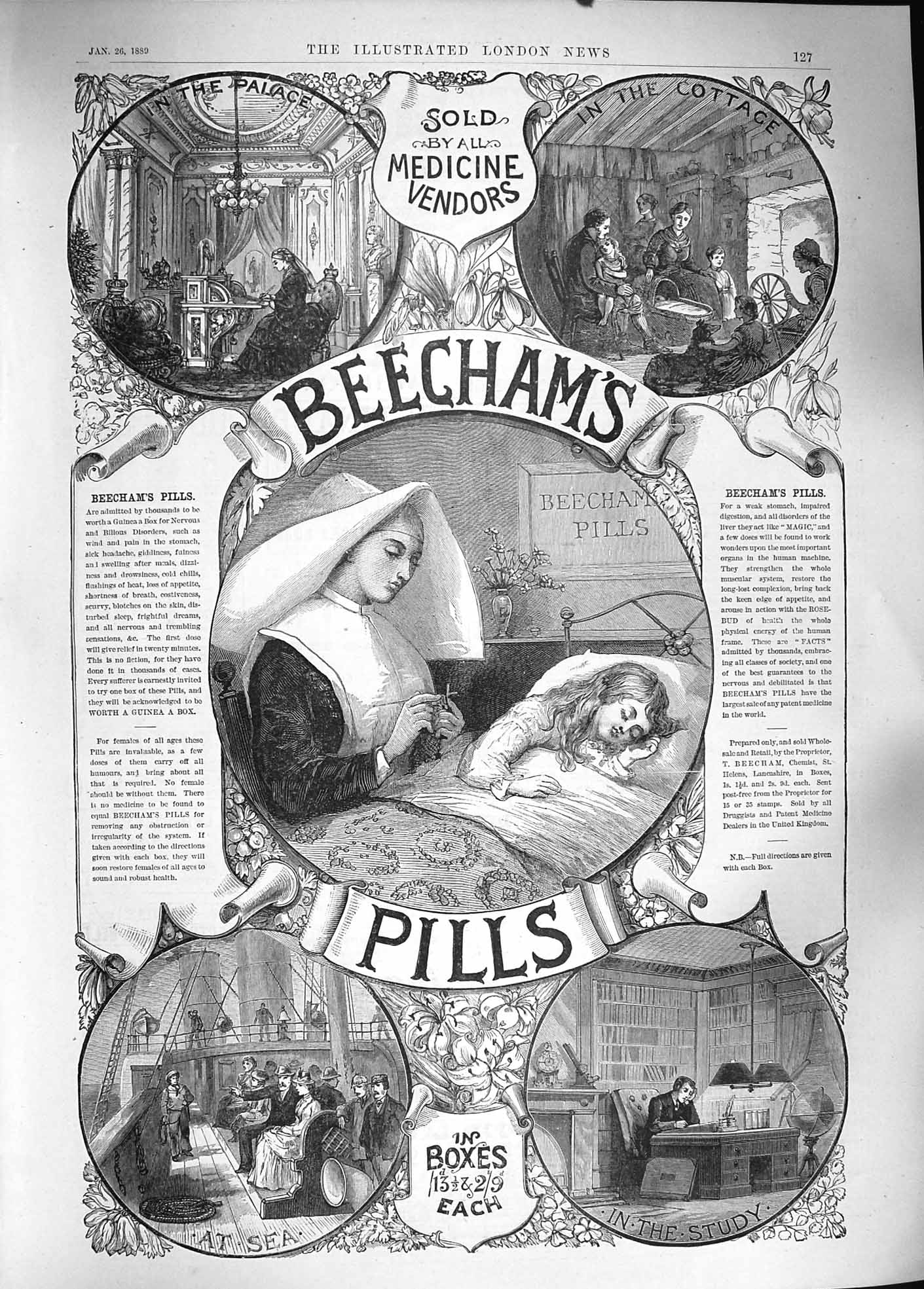Old Antique Print 1889 Advertisement Beechams Pills Medicine Lancashire 19th