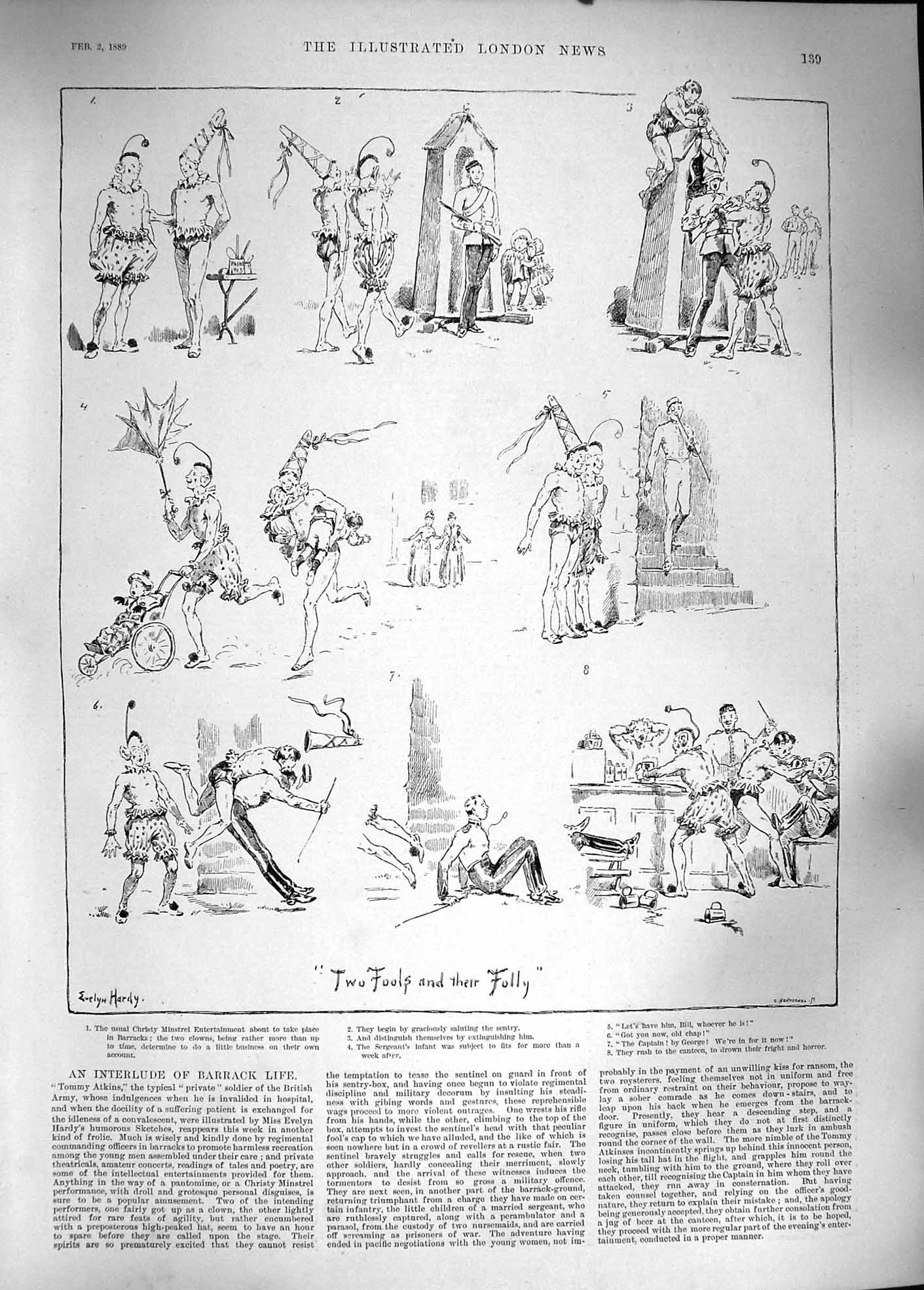 Original Old Antique Print 1889 Fools Folly Barrack Life Siers War Tommy Atkins