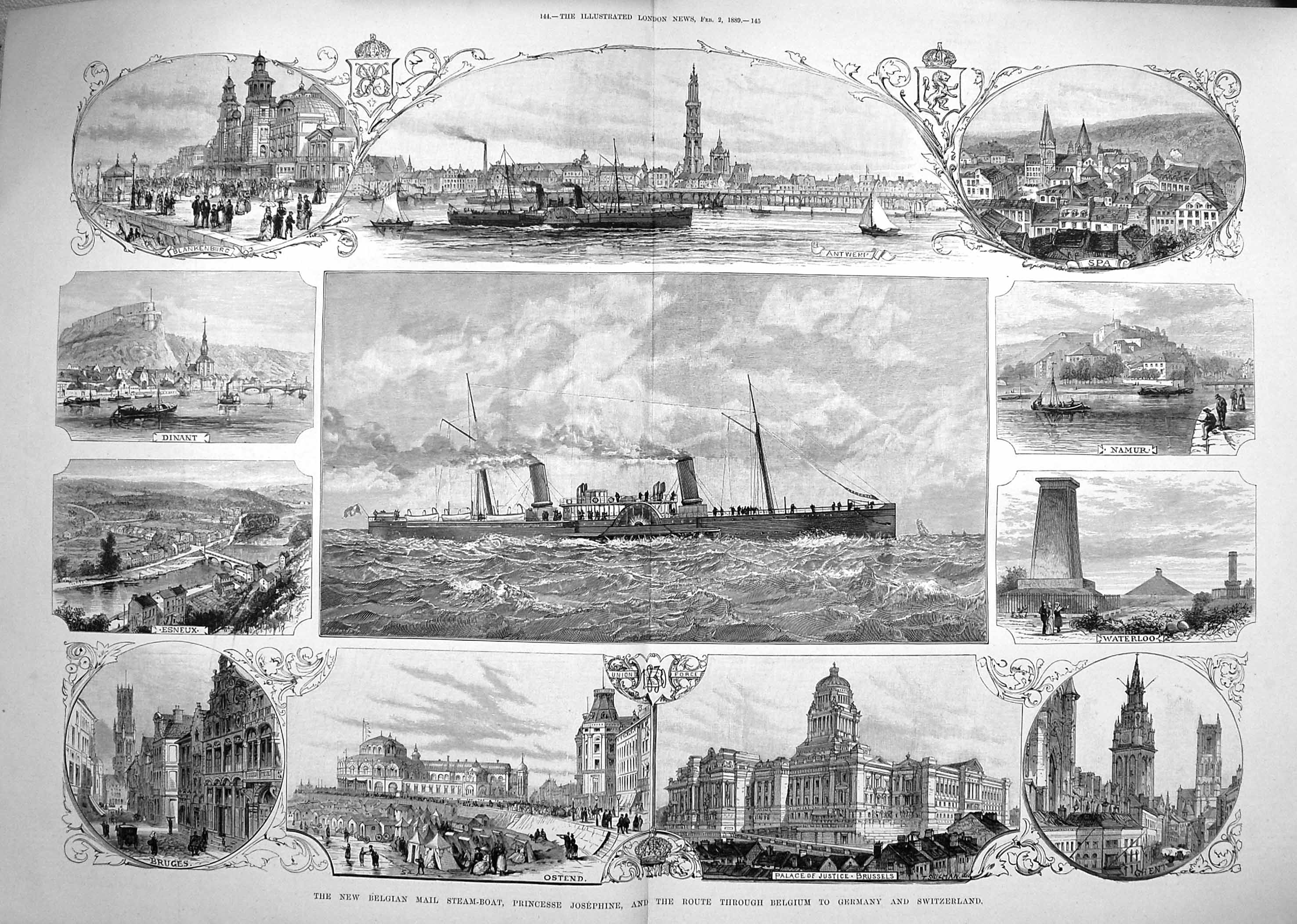 Antique Print *3834 1889 Belgian Mail Steam Boat Princesse Josephine Ship