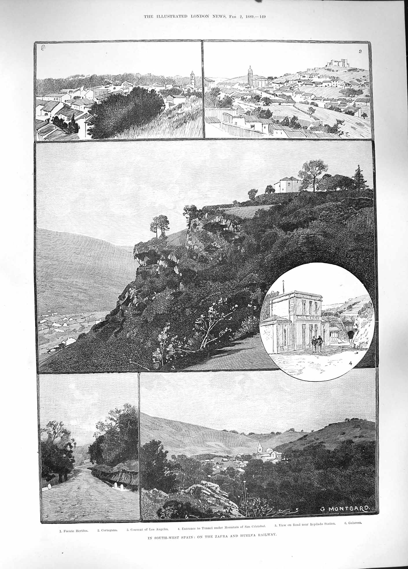 Original Old Antique Print 1889 Spain Zafra Huelva Railway Convent Galarosa