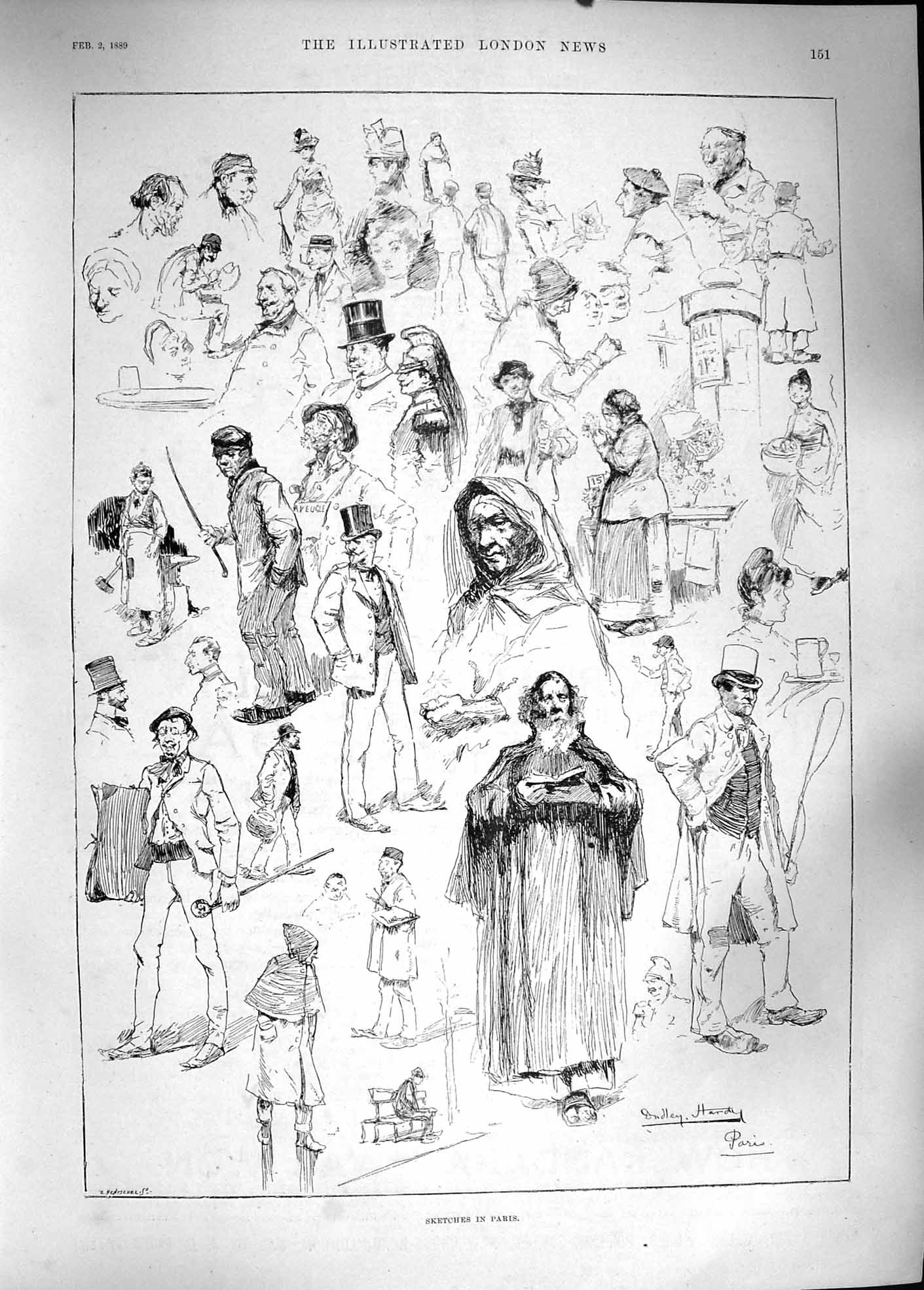 Original Old Antique Print 1889 Sketches Paris France People Market Victorian