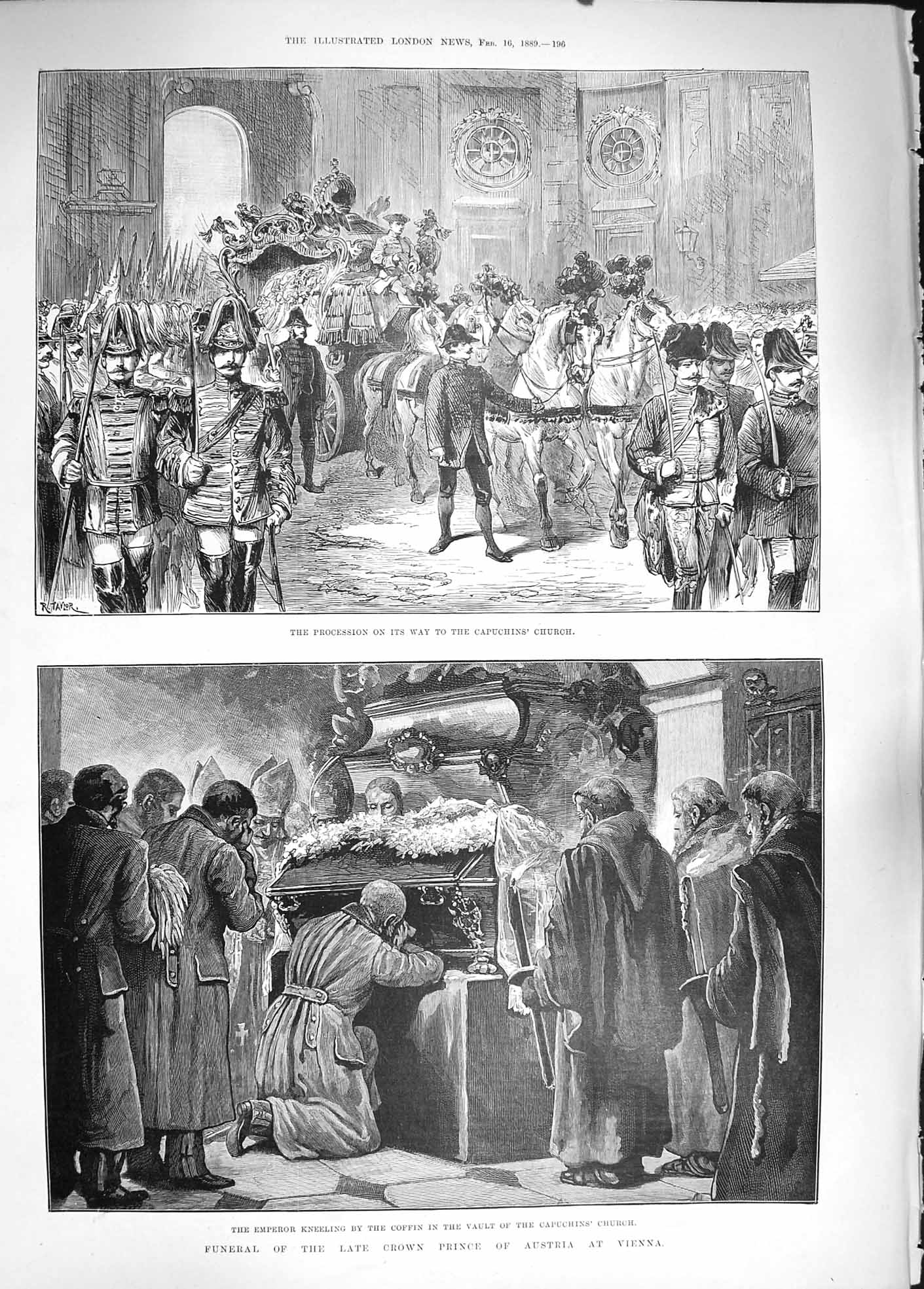Original Old Antique Print 1889 Funeral Prince Austria Vienna Capuchins 19th