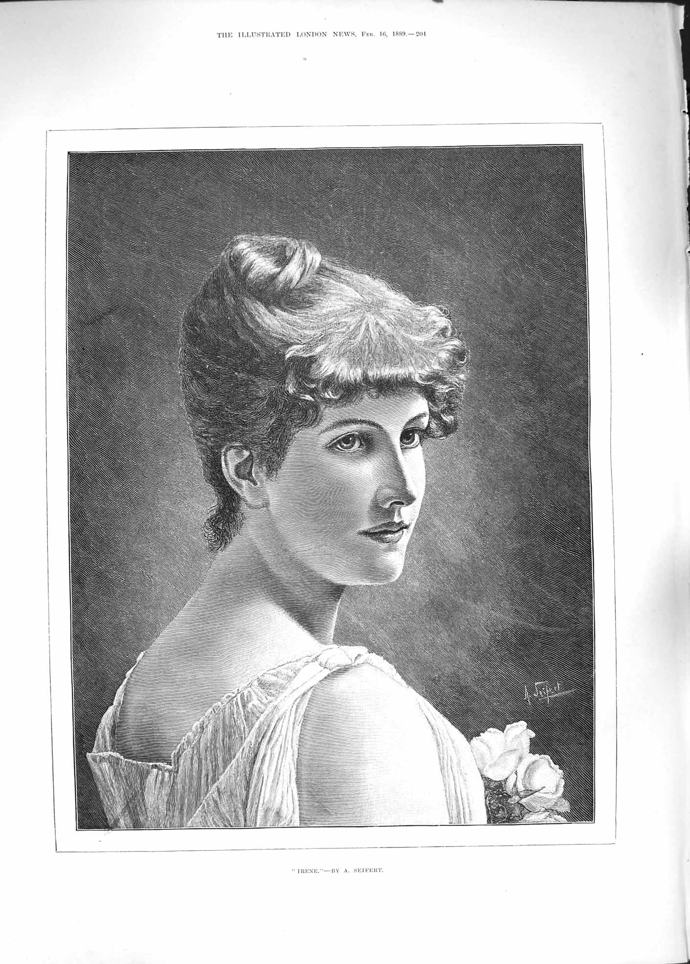 Original Old Antique Print 1889 Portrait Beautiful Lady Irene Flowers Victorian