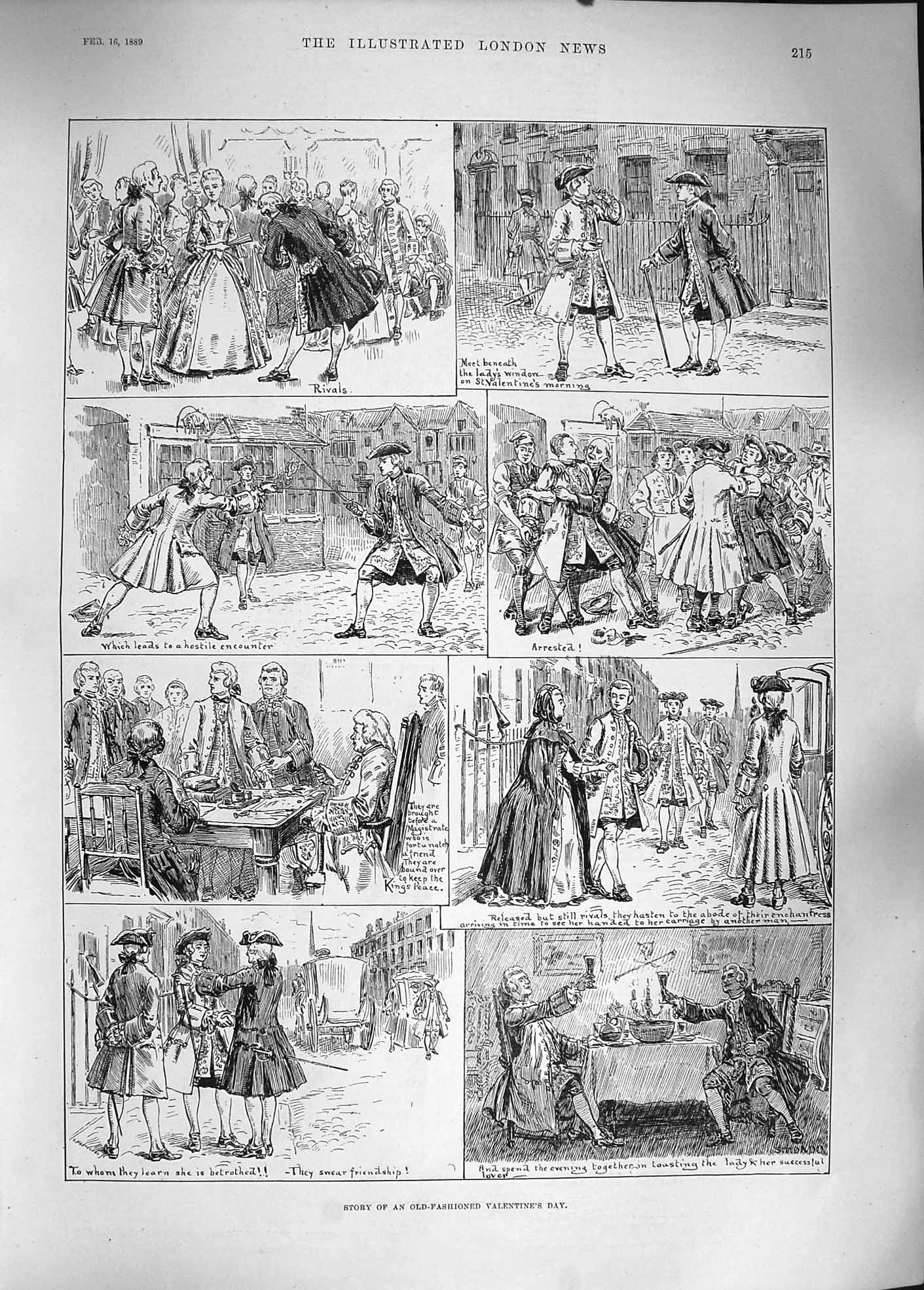 Original Old Antique Print 1889 Story Illustrations Valentines Day Romance Duel