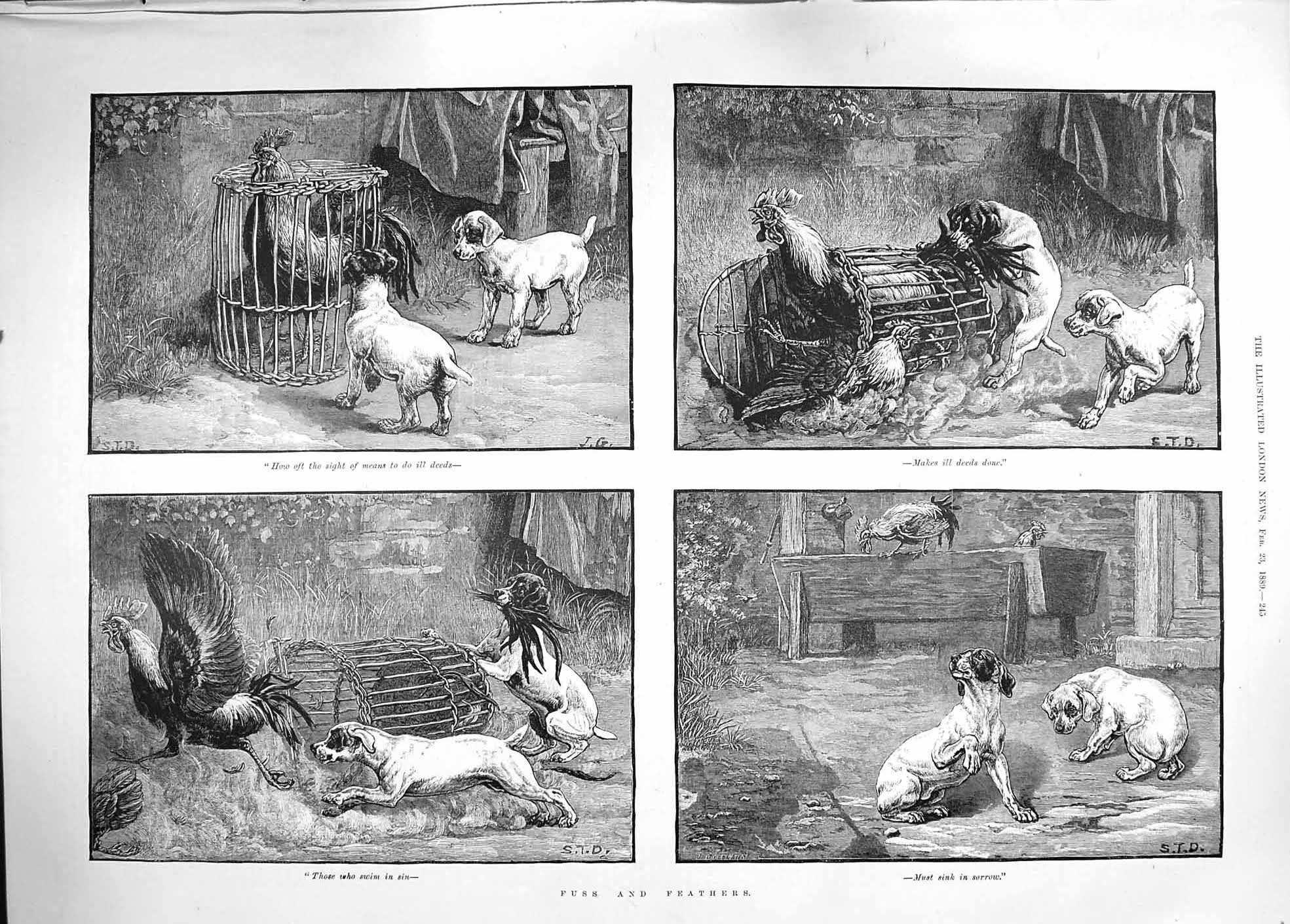 Original Old Antique Print 1889 Fuss Feathers Cockeral Cage Dogs Farmyard Scene