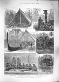 Original Old Antique Print 1889 Solomon Islands Rubiana Head-Hunting Can 19th
