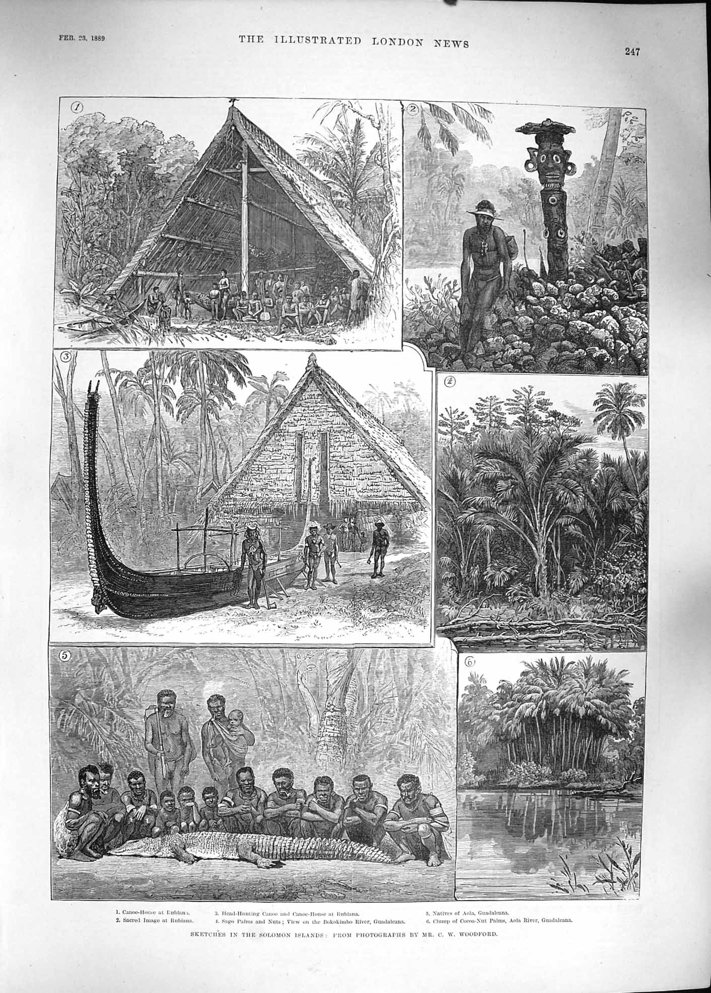 Original Old Antique Print 1889 Solomon Islands Rubiana Head-Hunting Can 19th