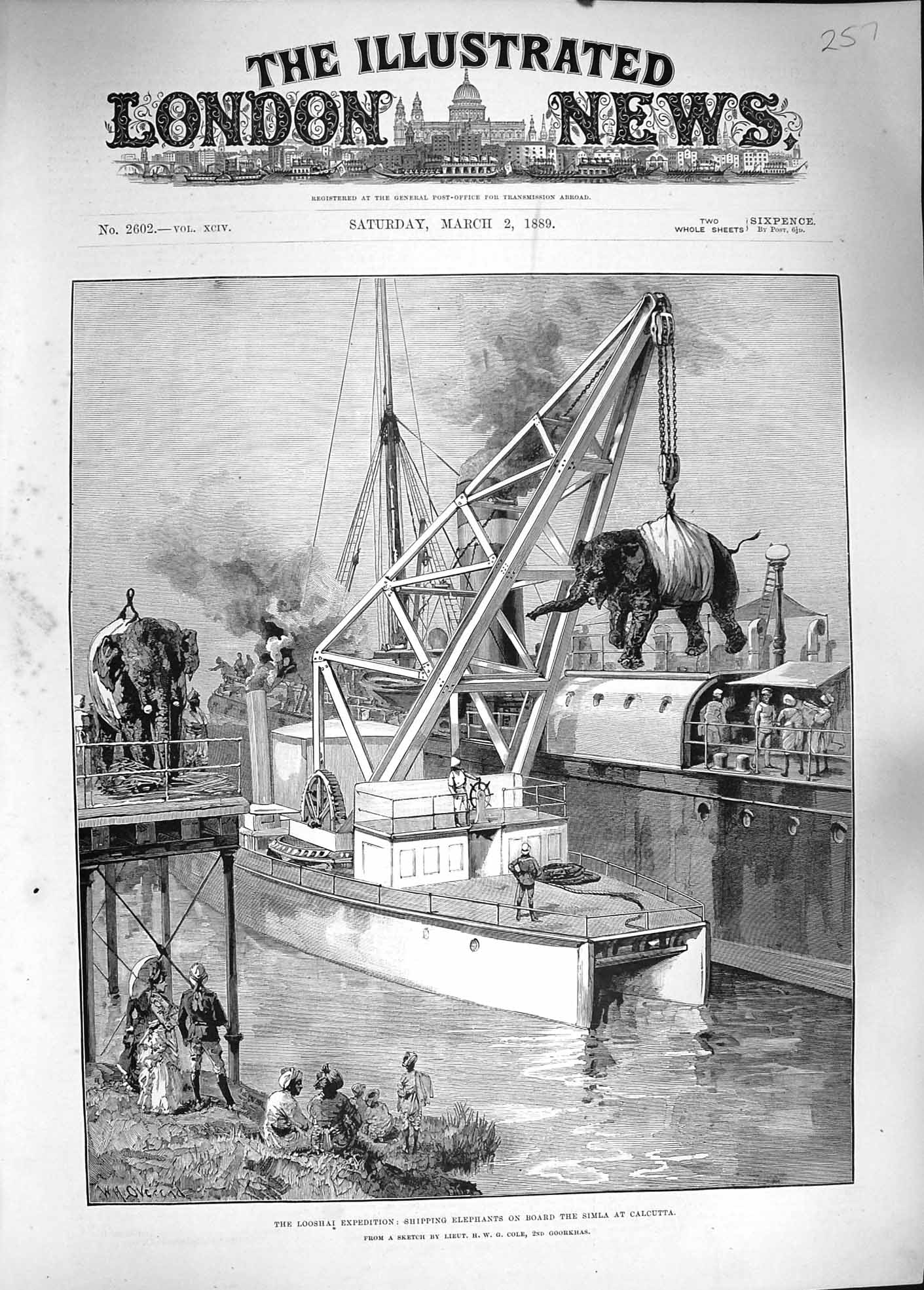 Original Old Antique Print 1889 Looshai Shipping Elephants Ship Simla Calcutta