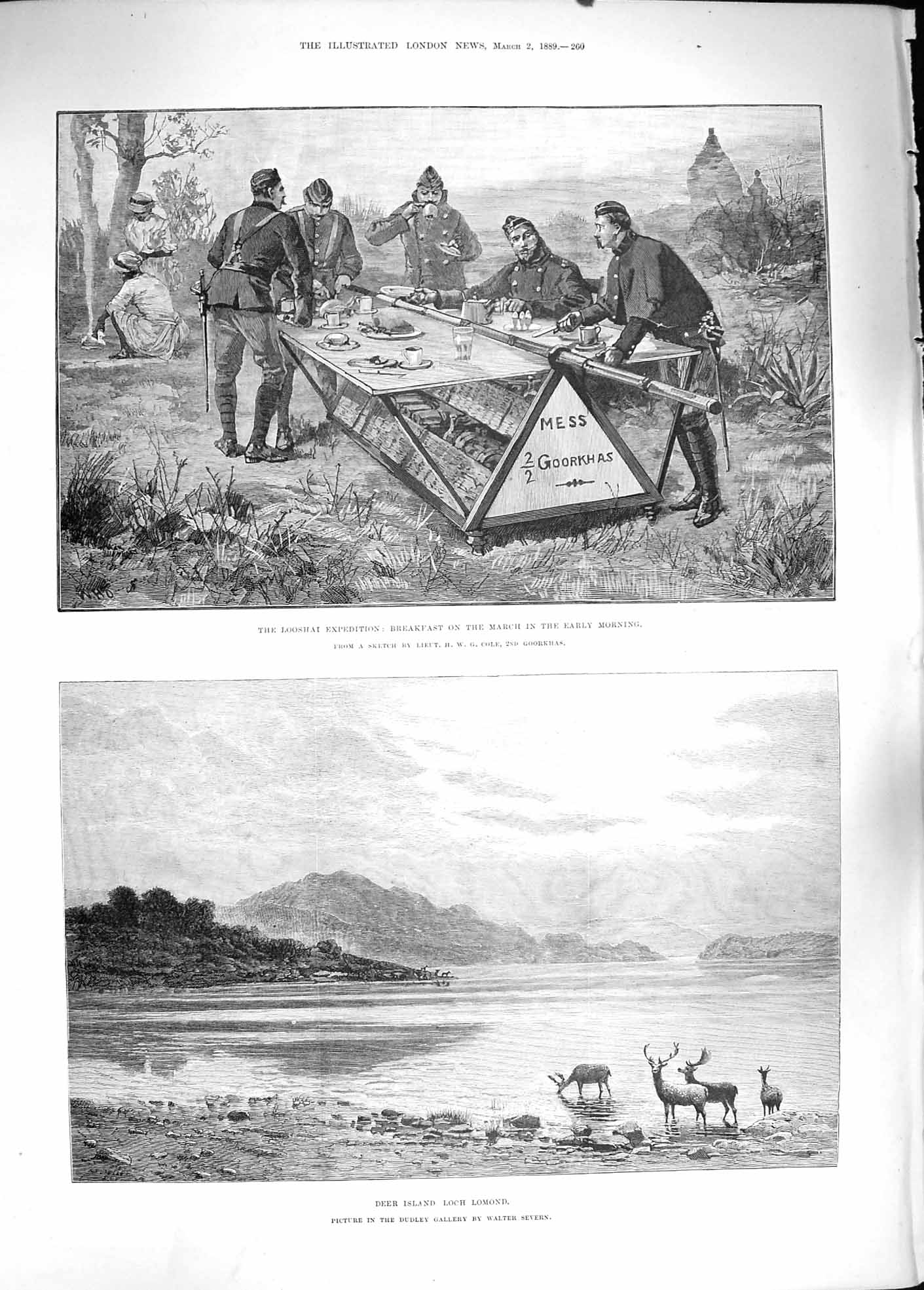 Old Antique Print 1889 Looshai Goorkhas Deer Island Loch Lomond Scotland 19th