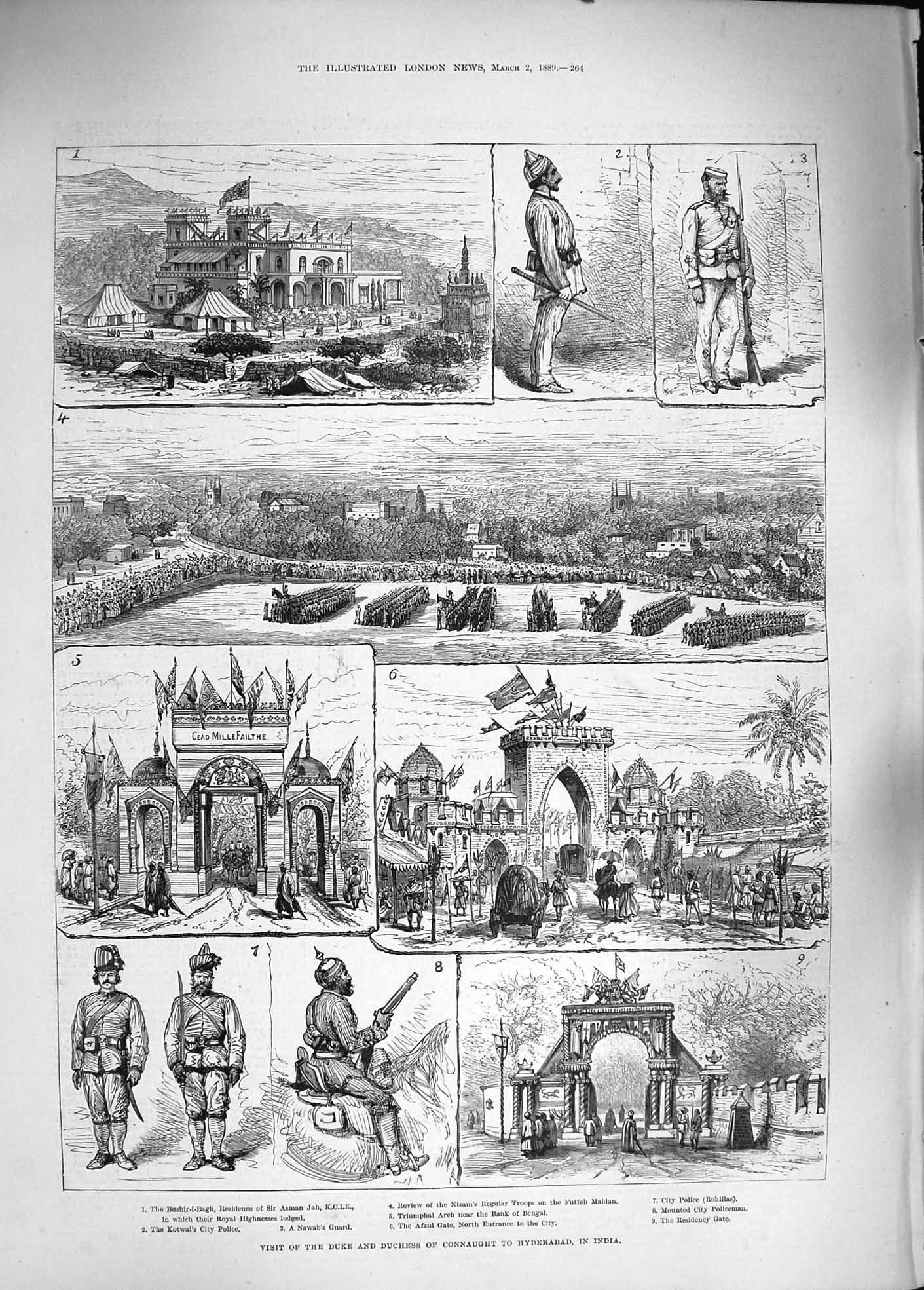 Original Old Antique Print 1889 Duke Connaught Hyderabad India Nizam Afzul Gate