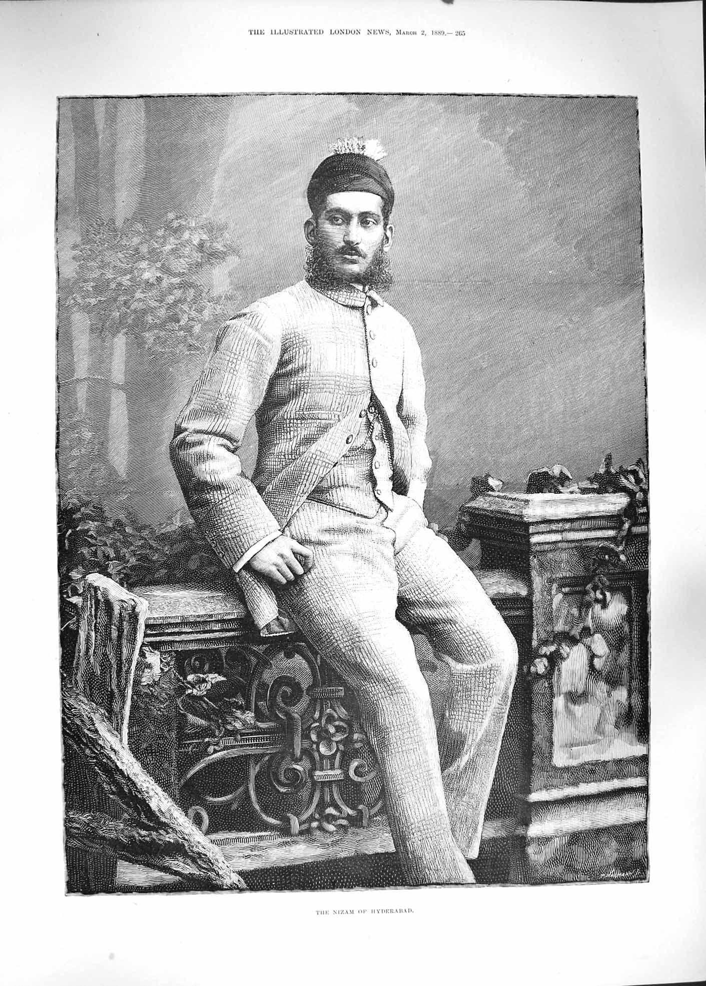 Original Old Antique Print 1889 Portrait Nizam Hyderabad Man Fine Art Victorian