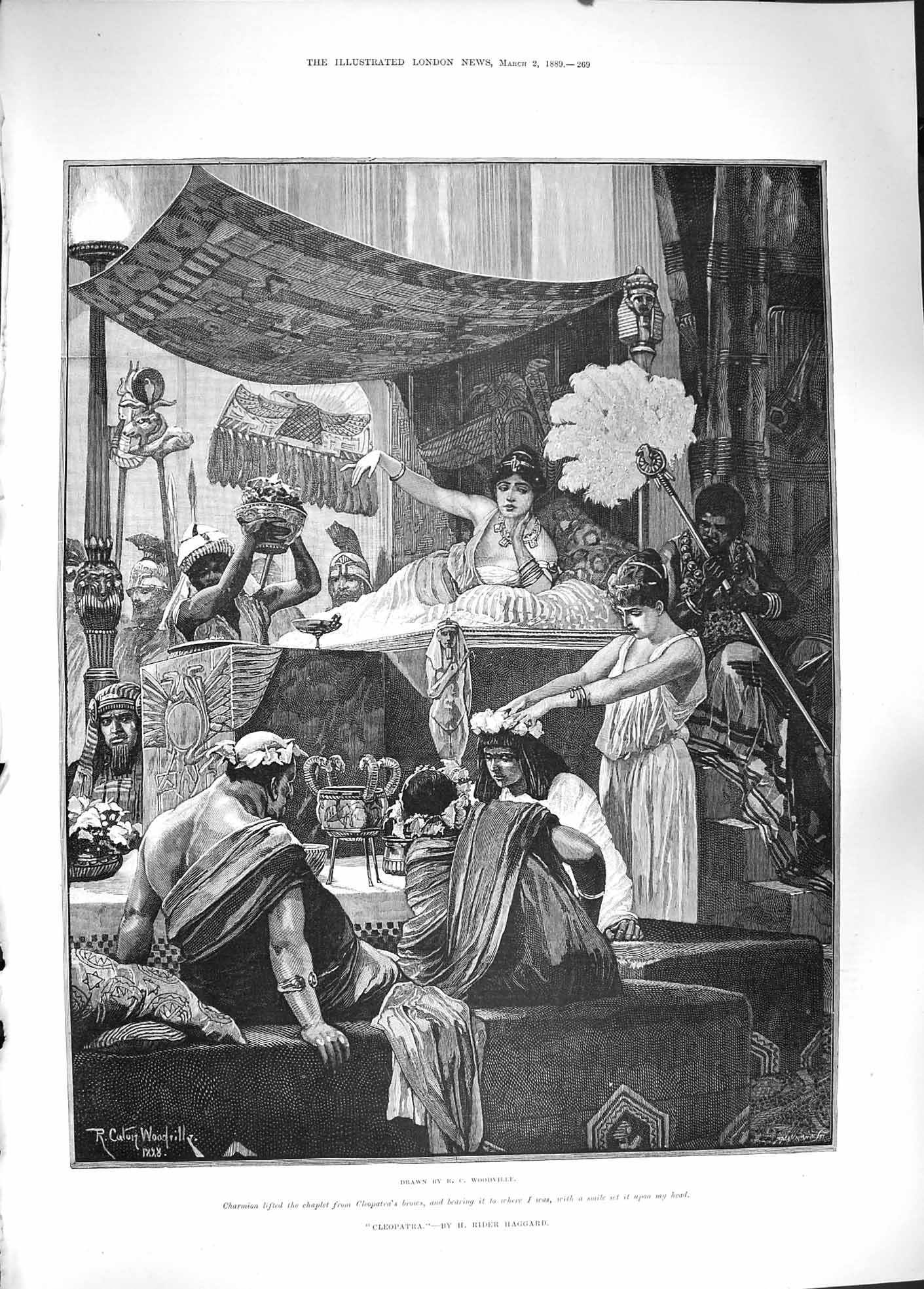 Original Old Antique Print 1889 Cleopatra Chaplet Bed Scene Fine Art Victorian