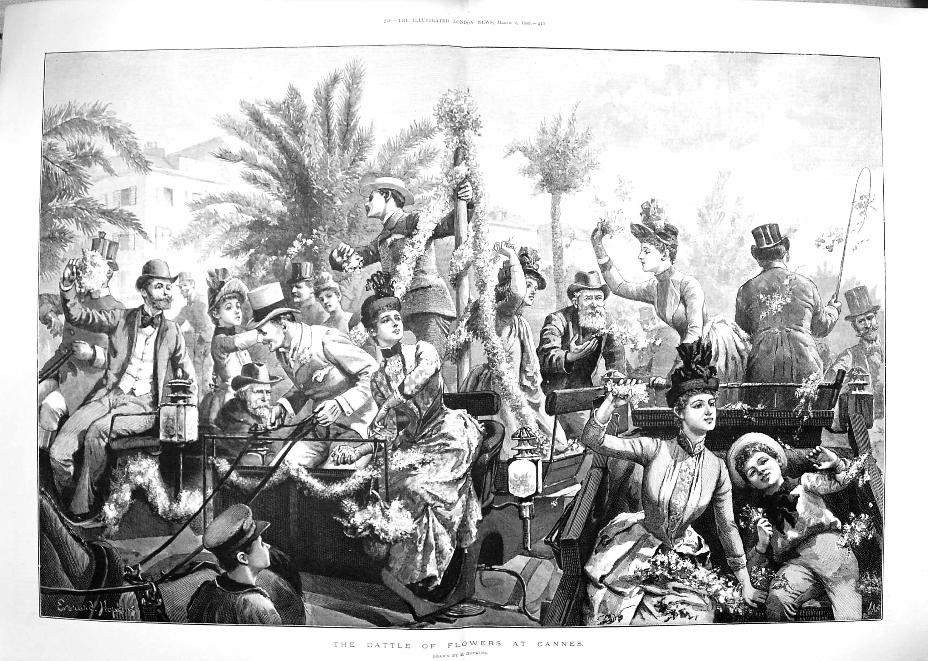Original Old Antique Print 1889 Battle Flowers Cannes France Hopkins Fine Art