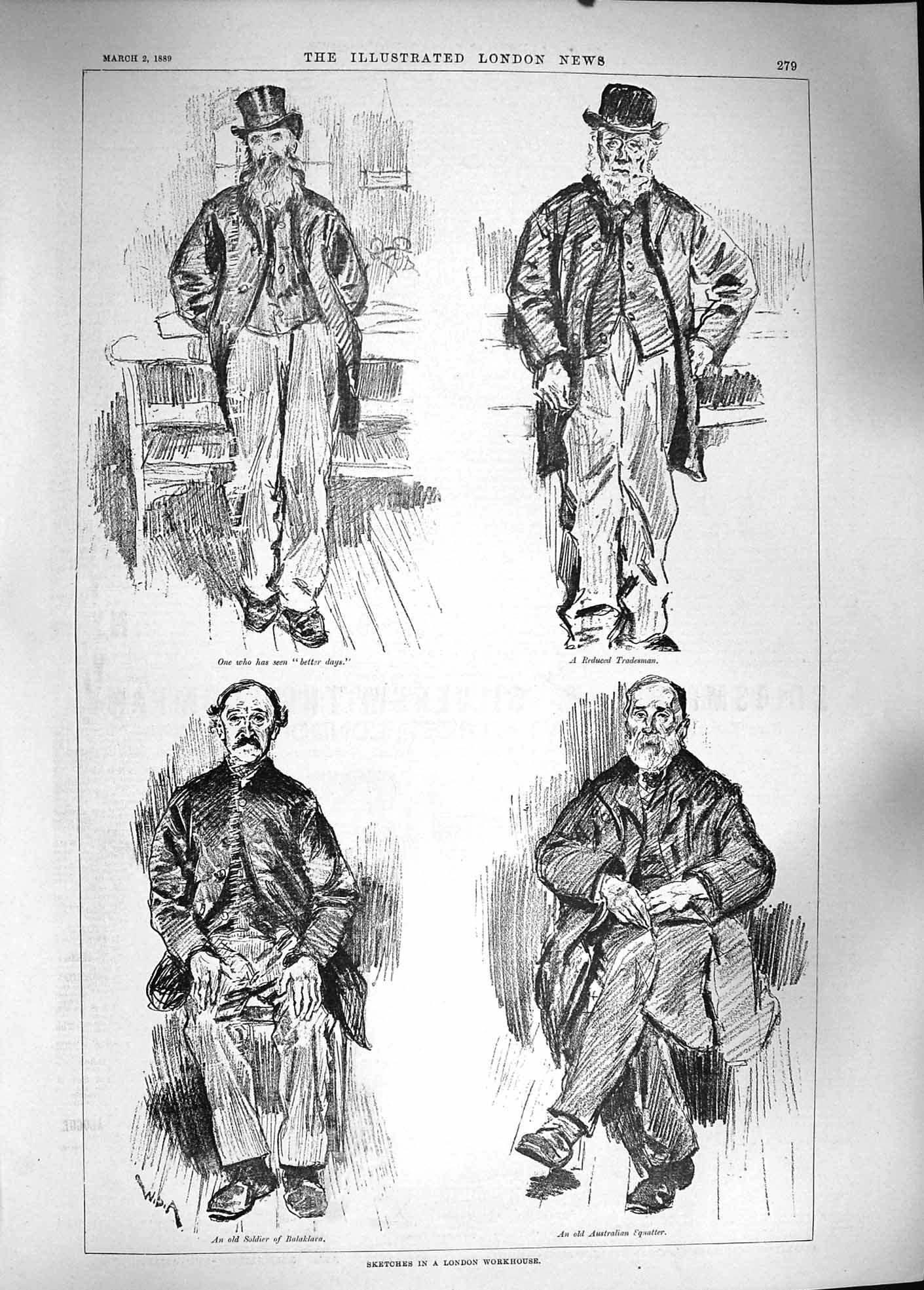 Original Old Antique Print 1889 Sketches London Workhouse Australian Man Sier