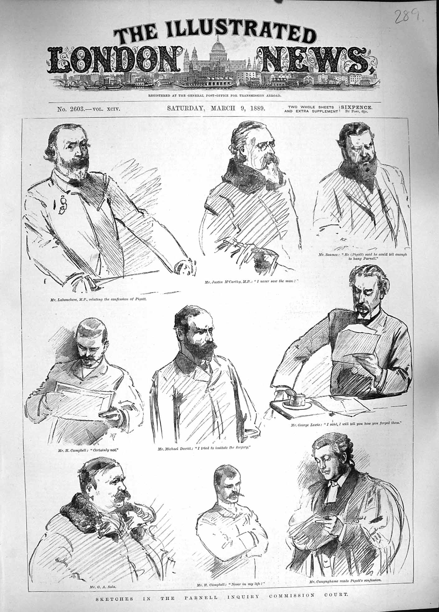 Old Antique Print 1889 Parnell Inquiry Commission Court Campbell Davitt 19th