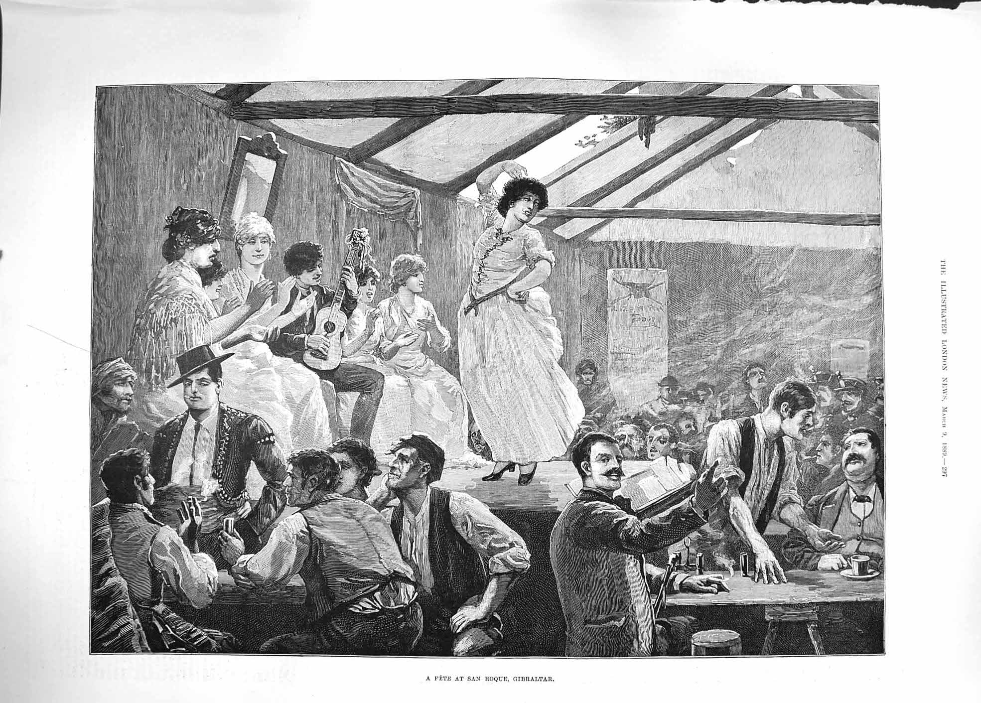 Original Old Antique Print 1889 Fete San Roque Gibraltar Dancing Music 19th
