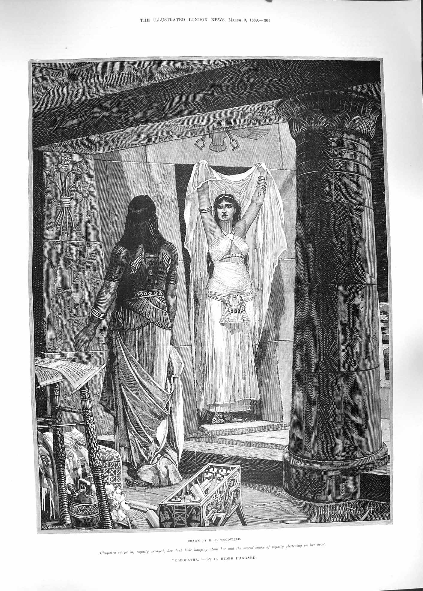 Original Old Antique Print 1889 Cleopatra Sacred Snake Royalty Woodville Art