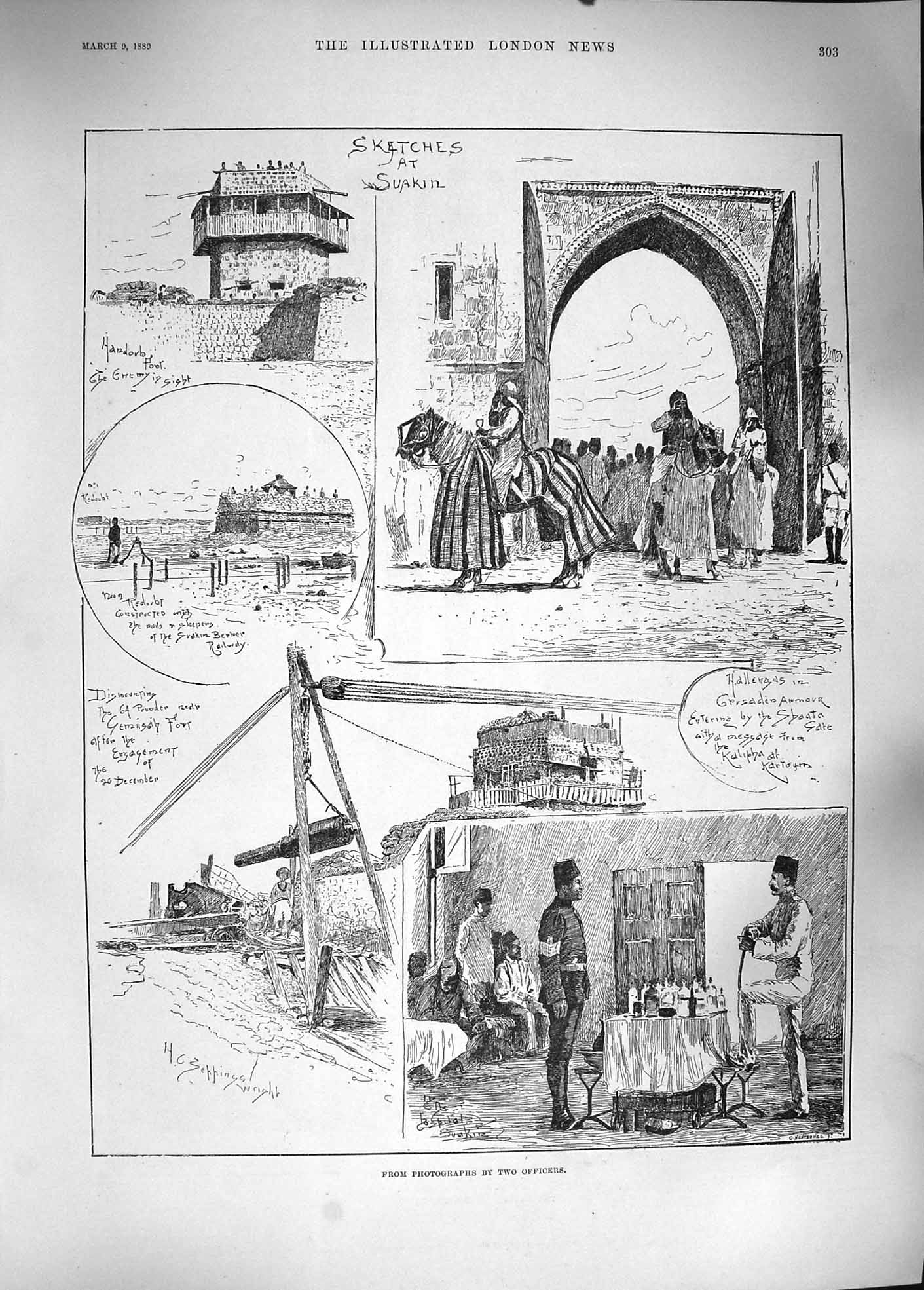 Original Old Antique Print 1889 Suakin Officers Harbour Boulak Cairo Egypt 19th