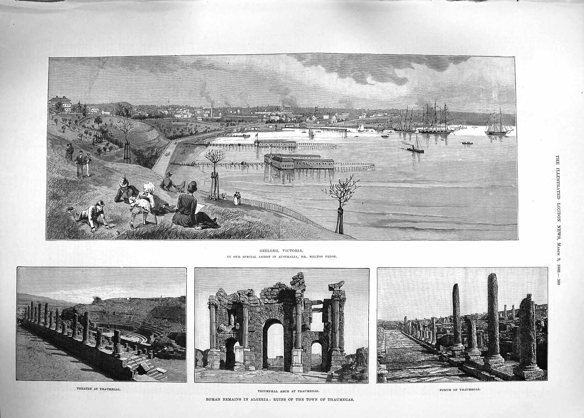 Original Old Antique Print 1889 Geelong Victoria Roman Algeria Thaumegas Arch