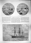 Original Old Antique Print 1889 Ship H.M.S. Sultan Malta Sanspareil Port Anchor