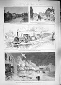 Original Old Antique Print 1889 Floods England Railway Exeter Denfert-Rochereau