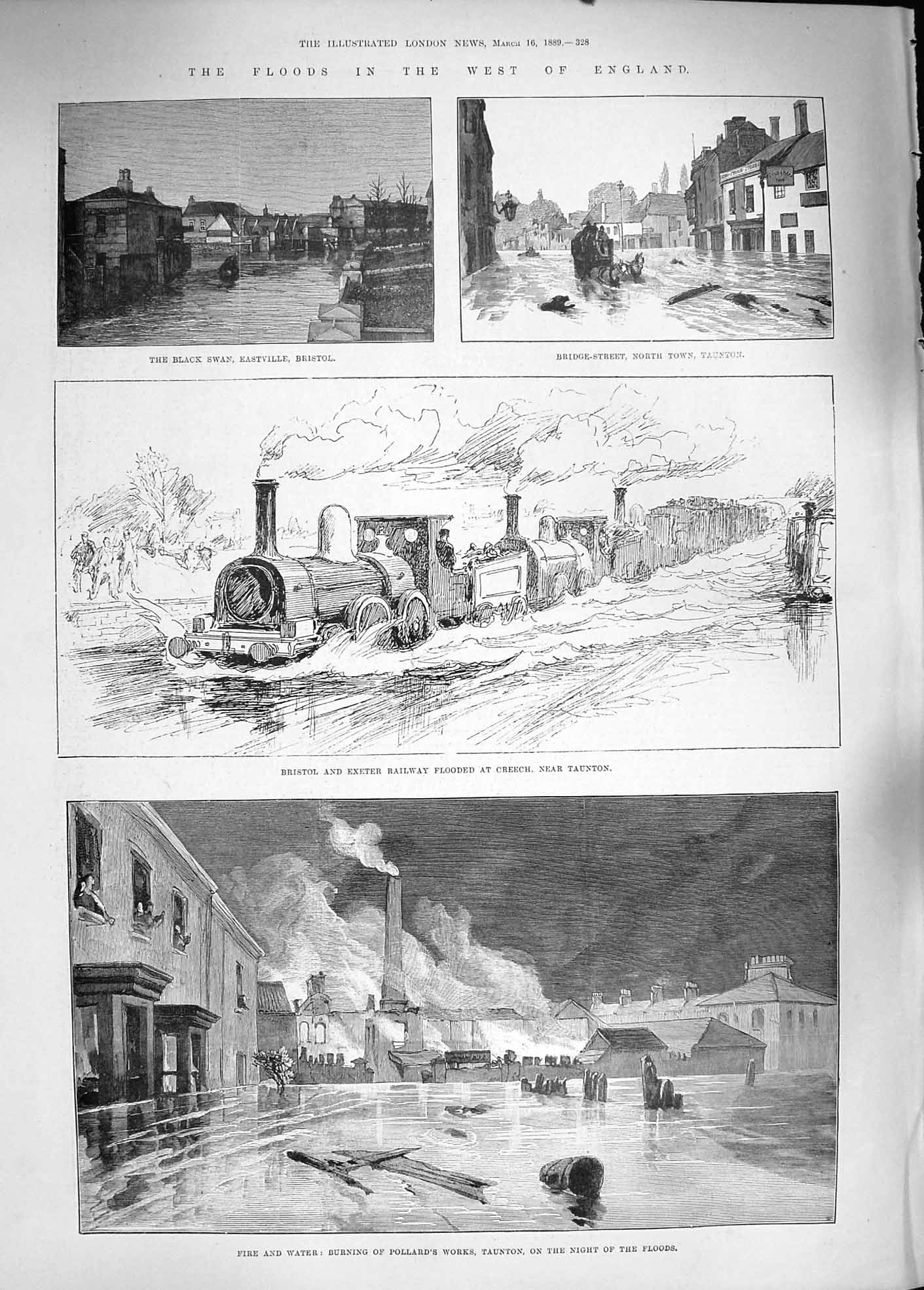 Original Old Antique Print 1889 Floods England Railway Exeter Denfert-Rochereau
