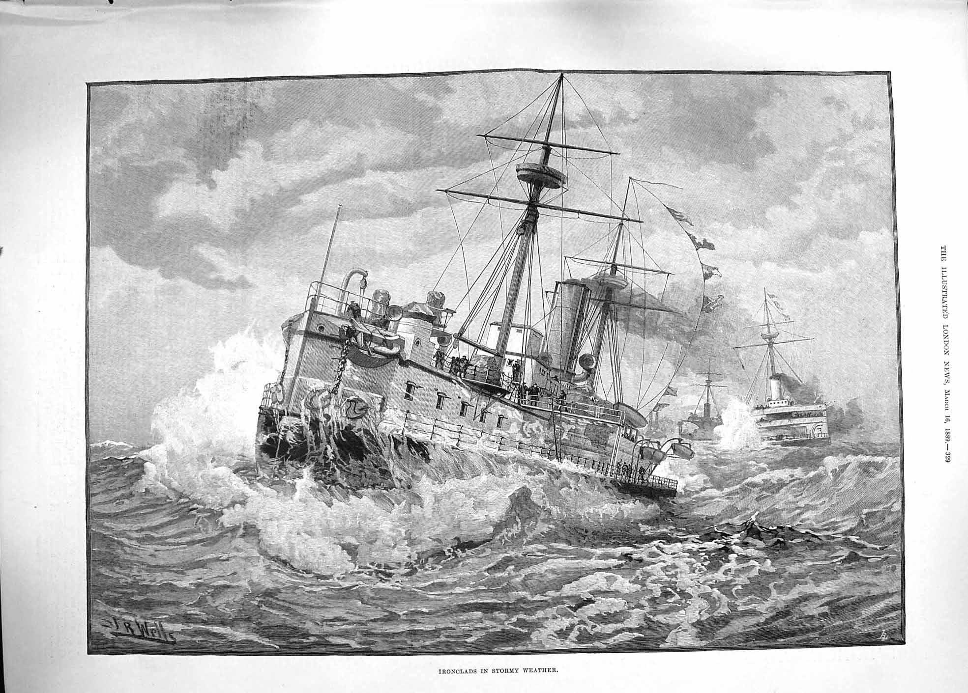 Original Old Antique Print 1889 Scene Ironclads Ship Stormy Sea Bad Weather
