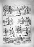 Original Old Antique Print 1889 Amateur Golfing Ladies Man Sport Golf Course