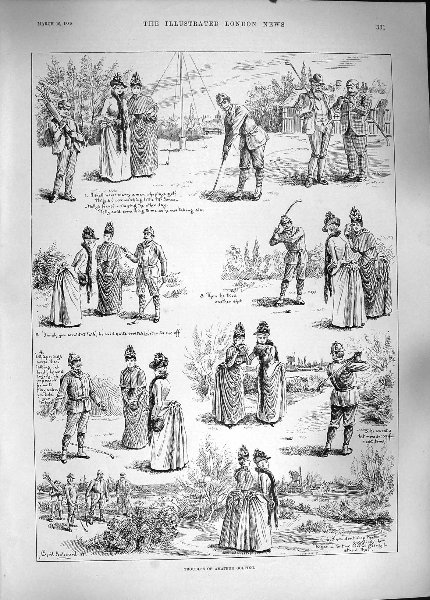 Original Old Antique Print 1889 Amateur Golfing Ladies Man Sport Golf Course