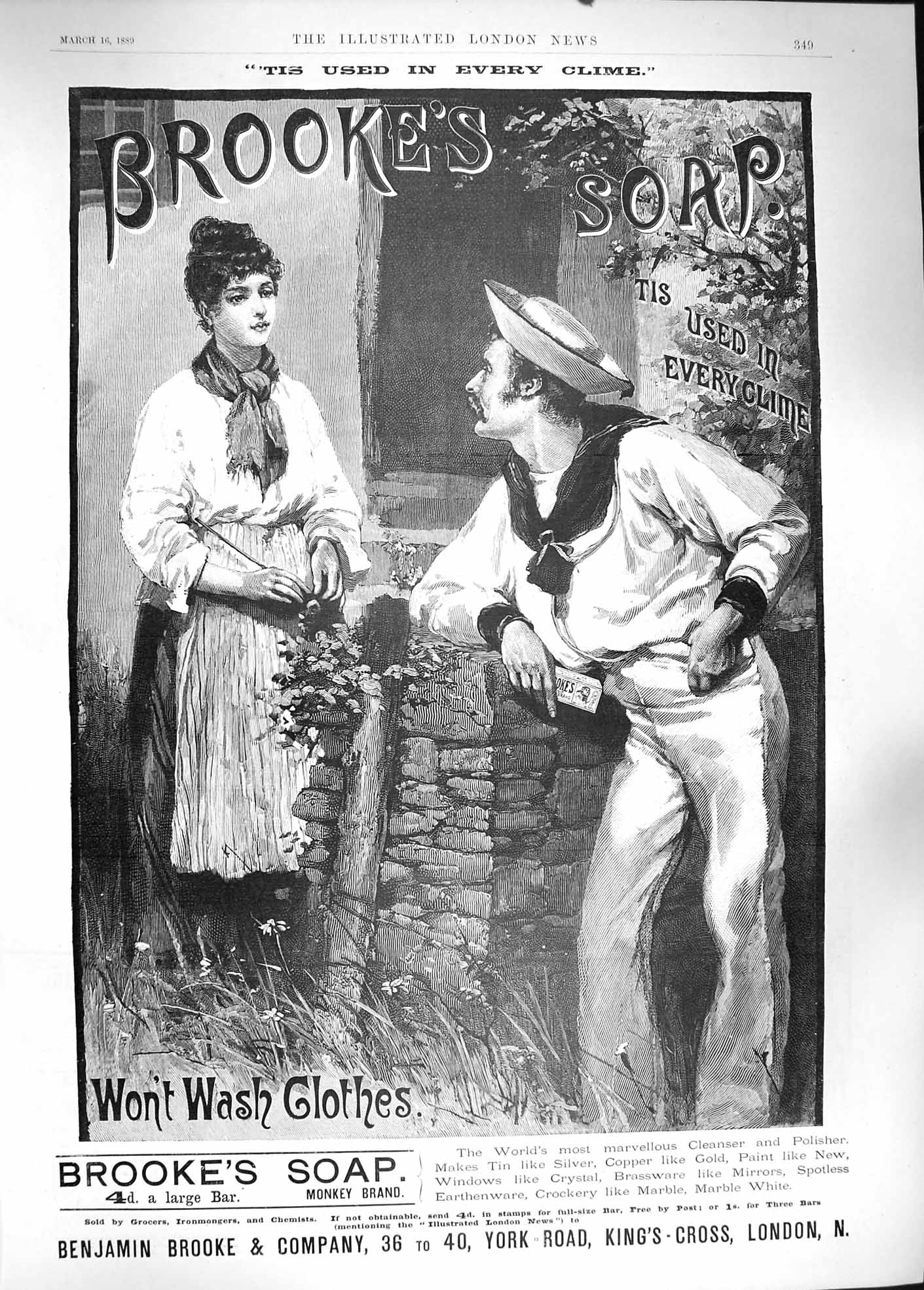 Antique Old Print *3833 1889 Advertisement Brookes Monkey Brand Soap London
