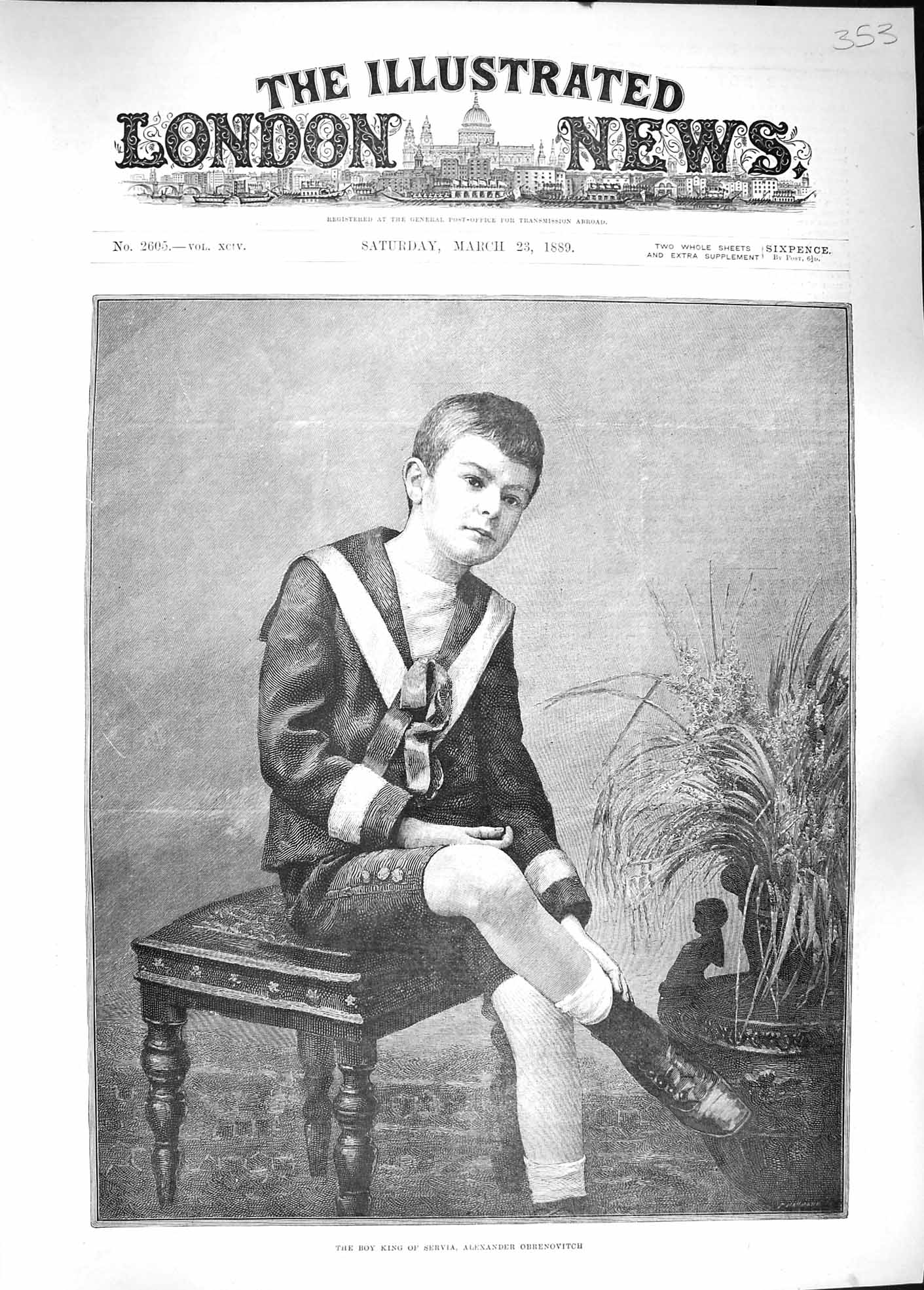 Original Old Antique Print 1889 Portrait King Servia Alexander Obrenovitch 19th