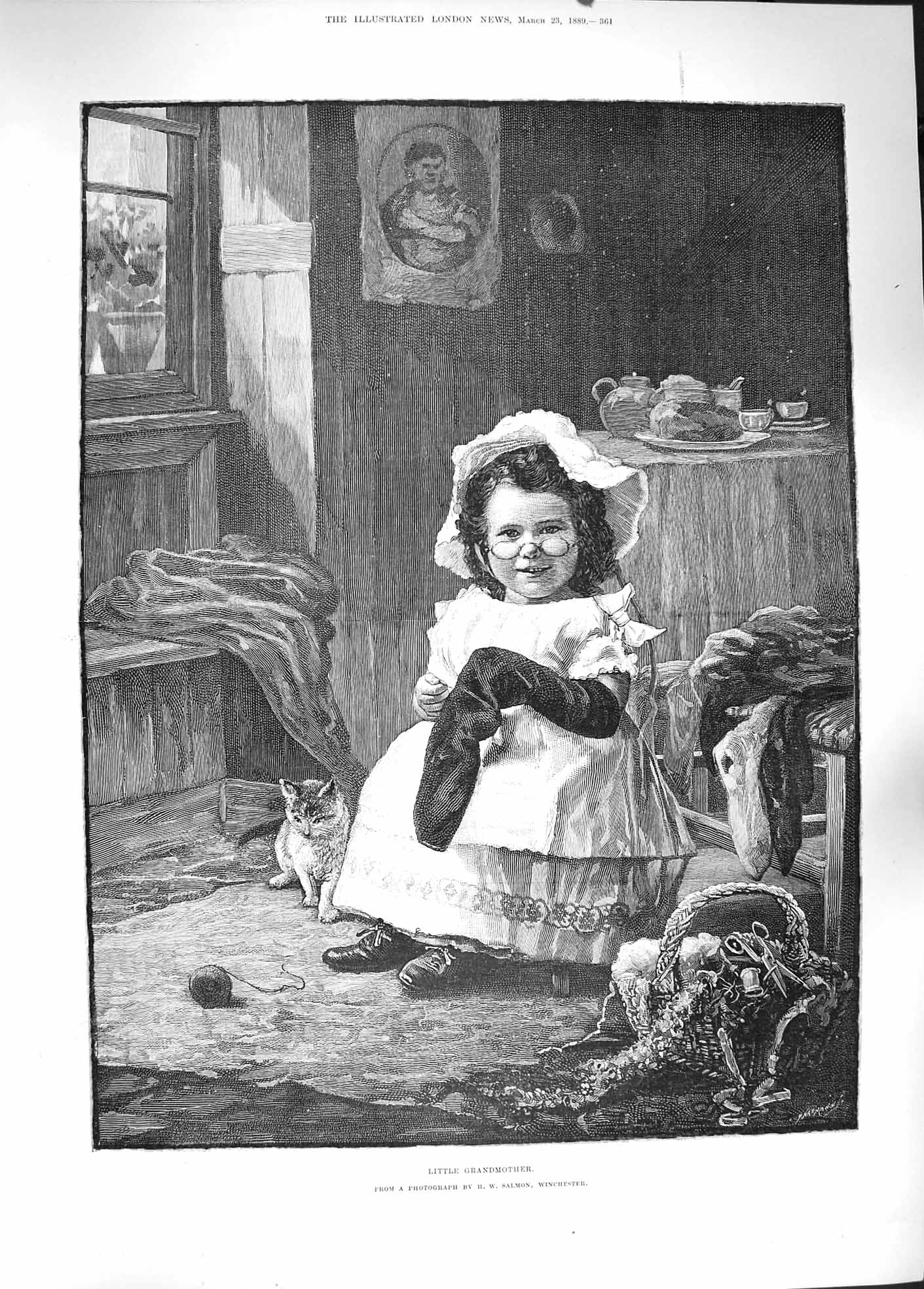 Original Old Antique Print 1889 Portrait Little Grandmother Girl Kitten Wool