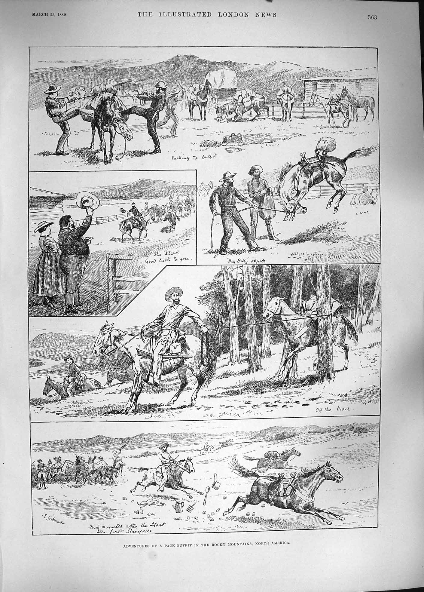 Original Old Antique Print 1889 Pack-Outfit Rocky Mountains America Victorian