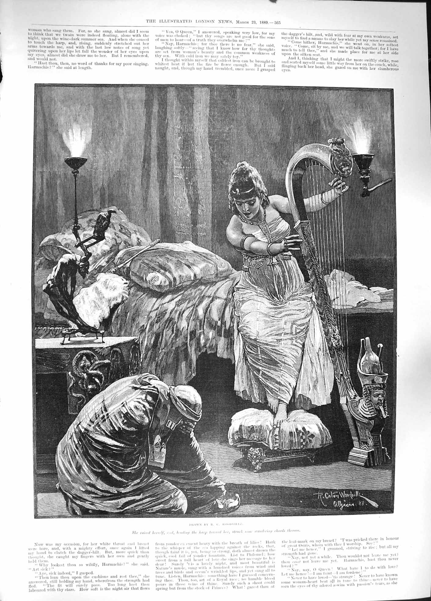 Original Old Antique Print 1889 Cleopatra Music Harp Roman Woodville Victorian