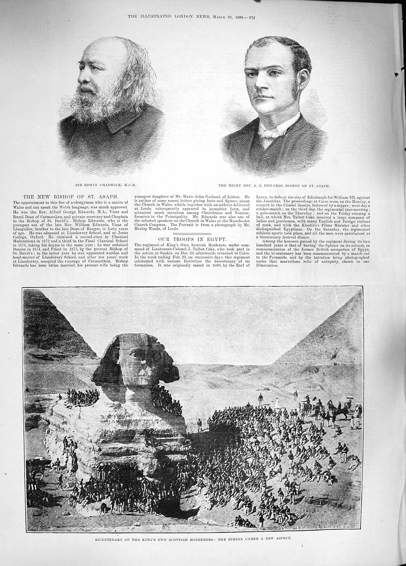 Original Old Antique Print 1889 Edwin Chadwick Edwards Bishop Asaph Sphin 19th