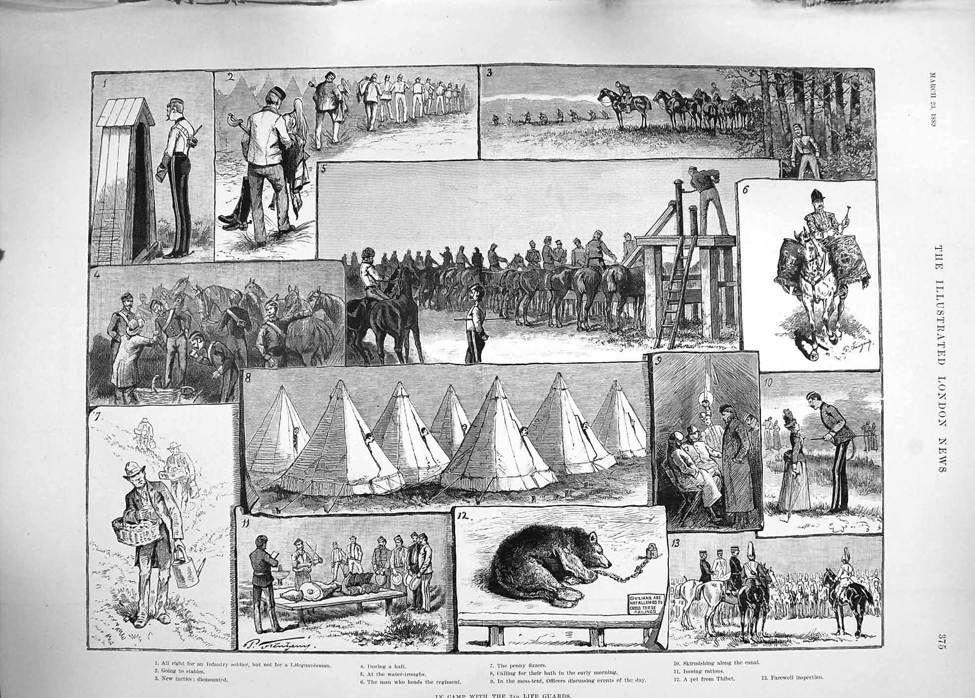 Original Old Antique Print 1889 Camp Life Guards Siers War Penny Fizzers Bear