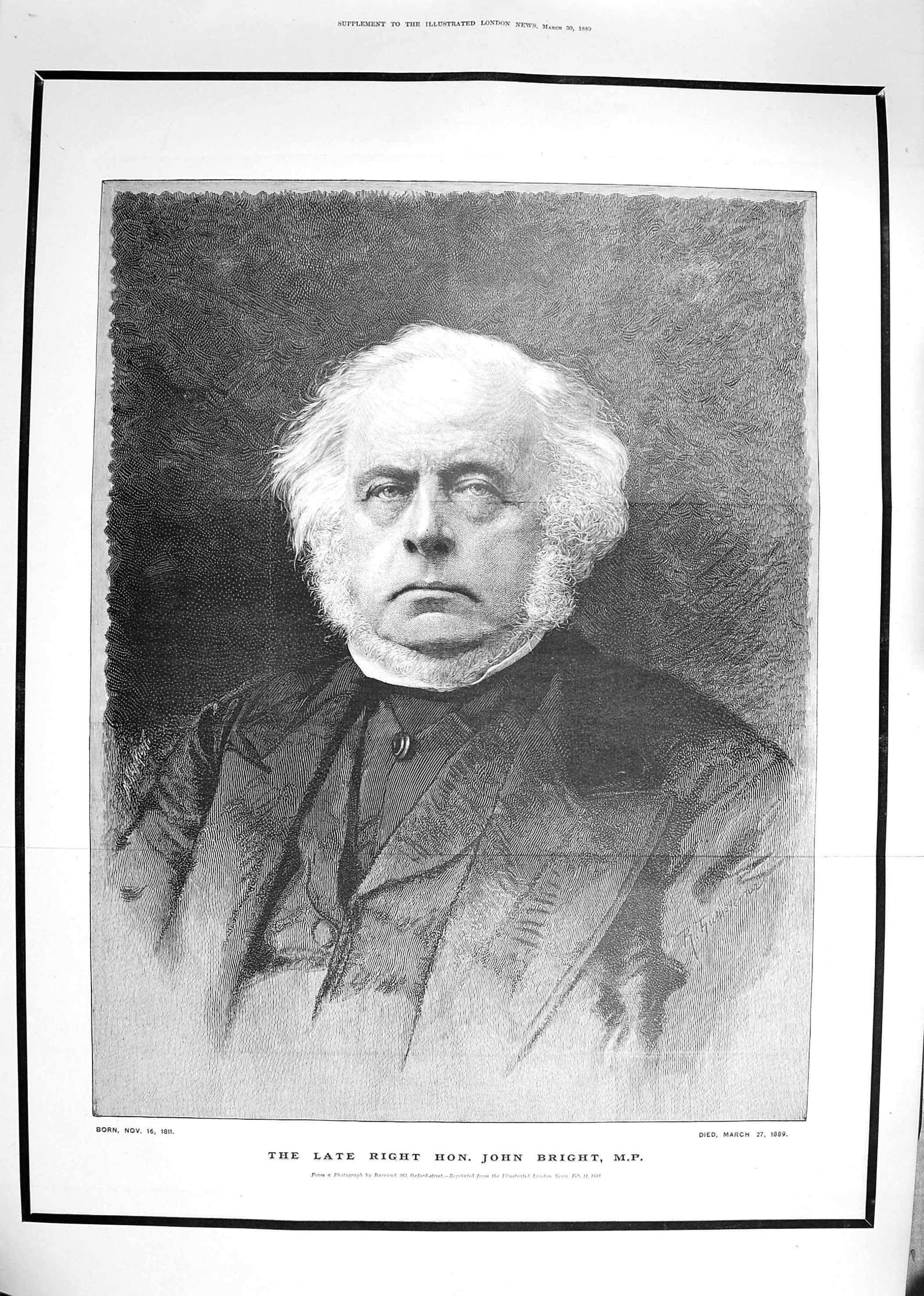 Original Old Antique Print 1889 Portrait Right Hon. John Bright Parliament