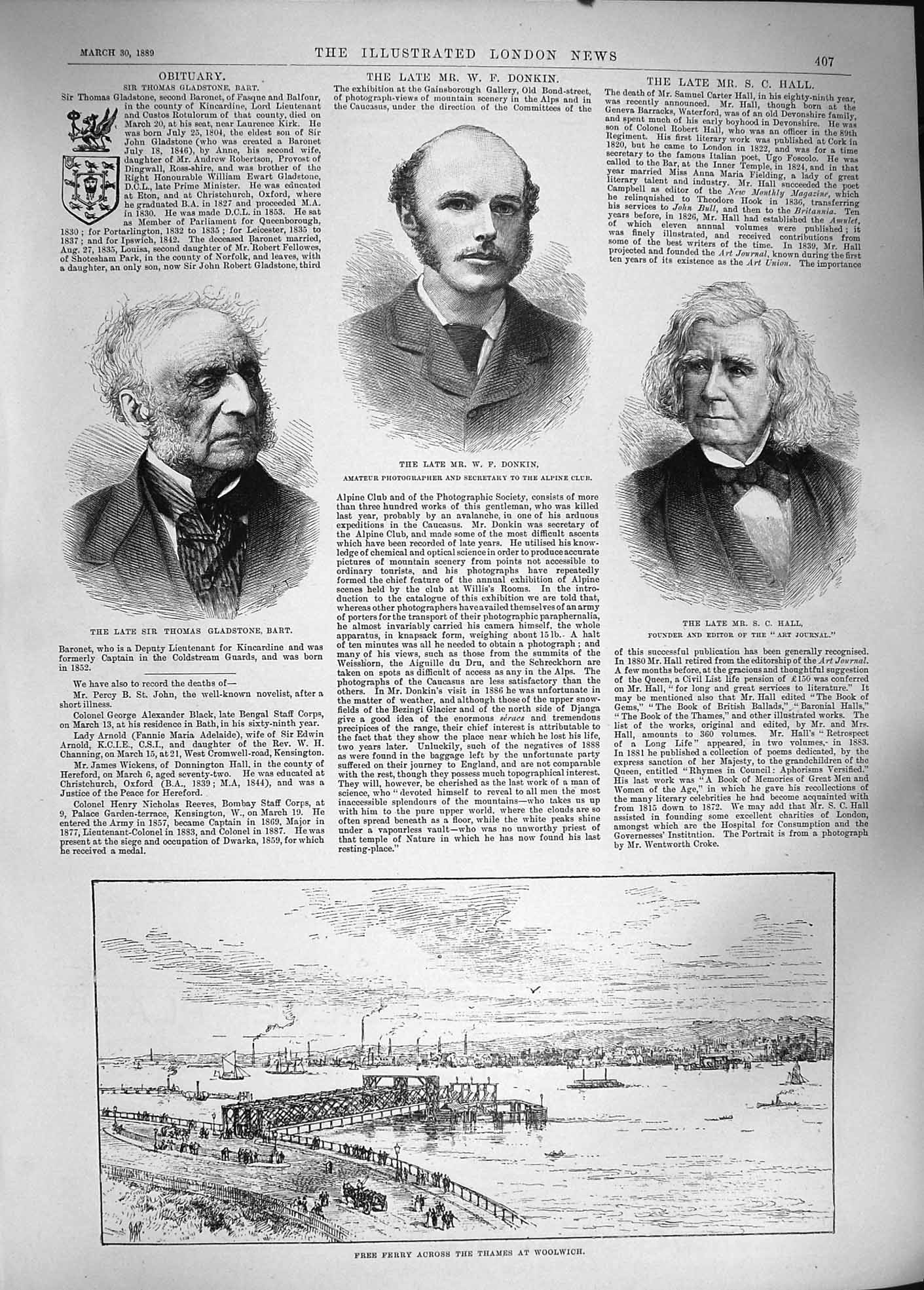 Original Old Antique Print 1889 Donkin Hall Gladstone Free Ferry Thames W 19th