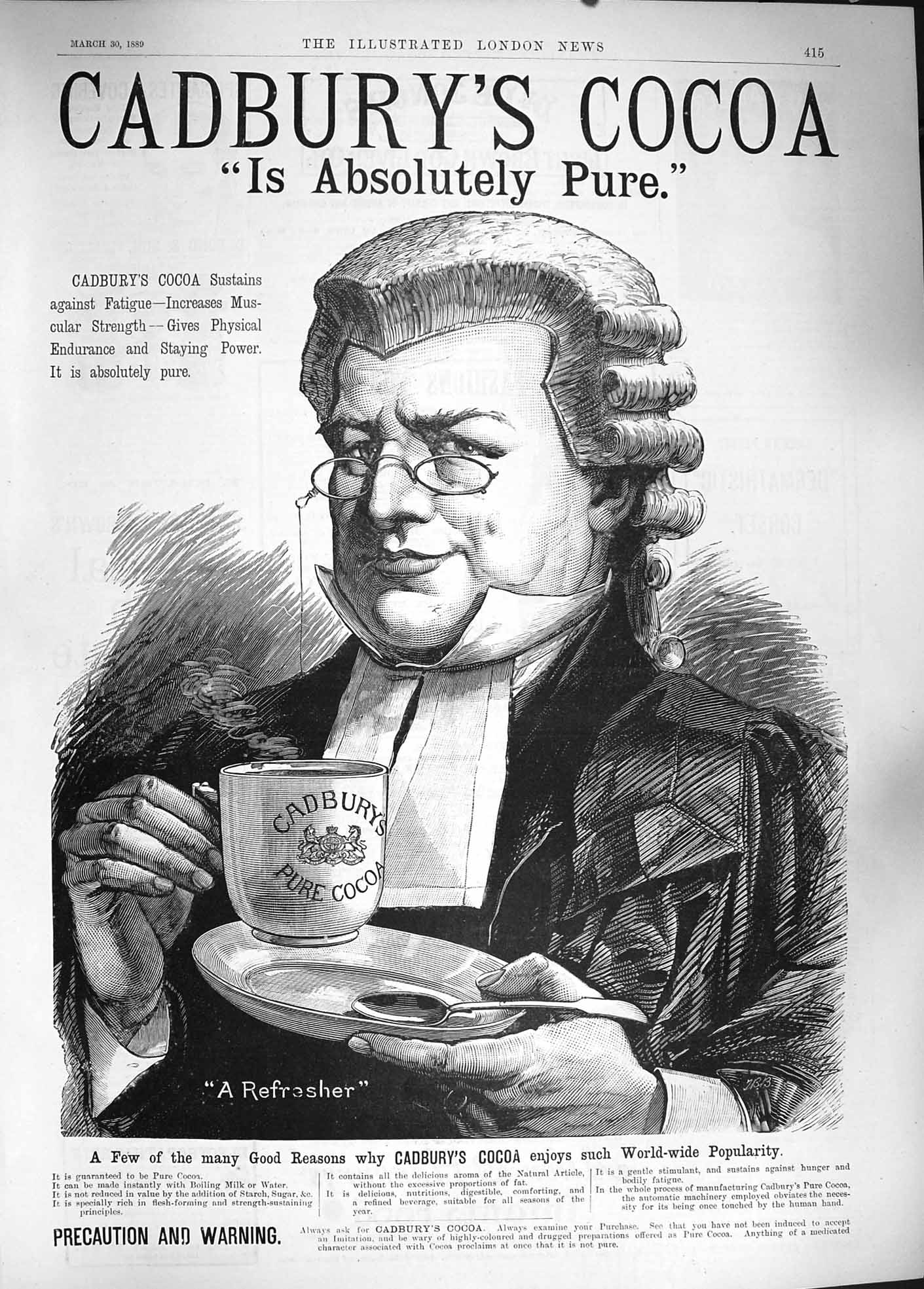 Antique Old Print *3832 1889 Advertisement Cadbury'S Cocoa Drinking Chocolate