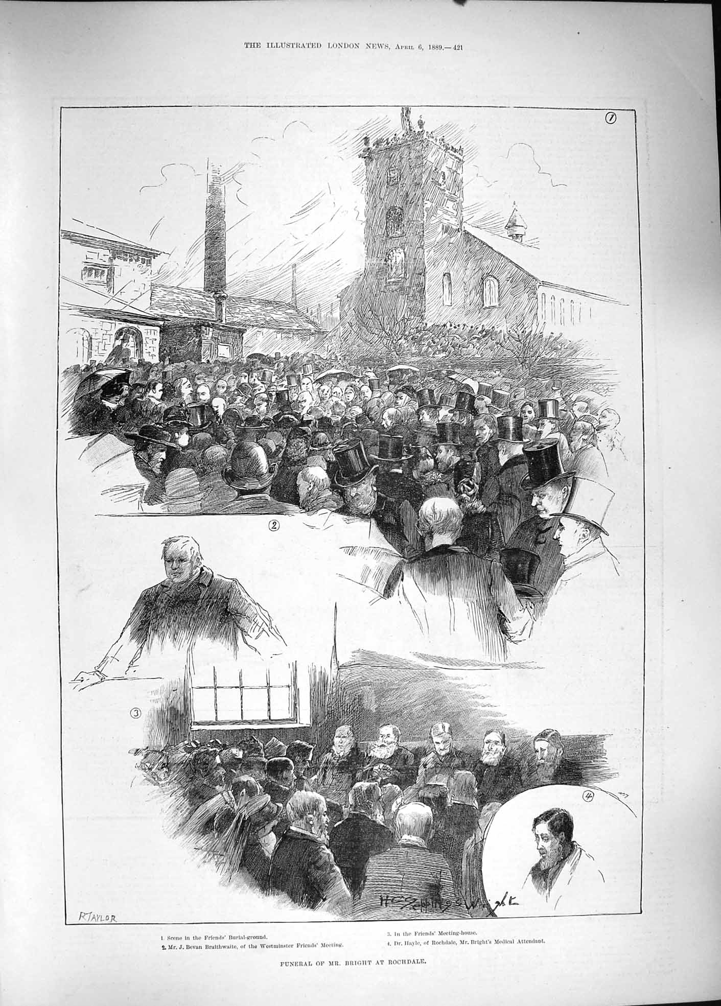 Original Old Antique Print 1889 Funeral Mr Bright Rochdale Ash Workpeople Hayle