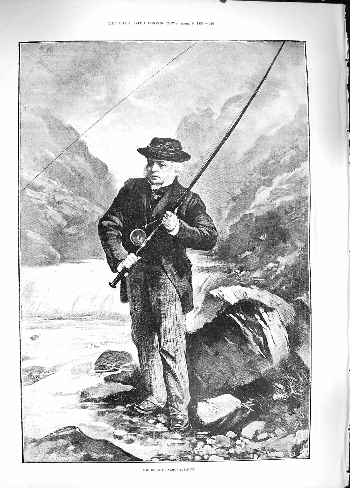 Old Antique Print 1889 Portrait Mr Bright Salmon Fishing River Gladstone 19th