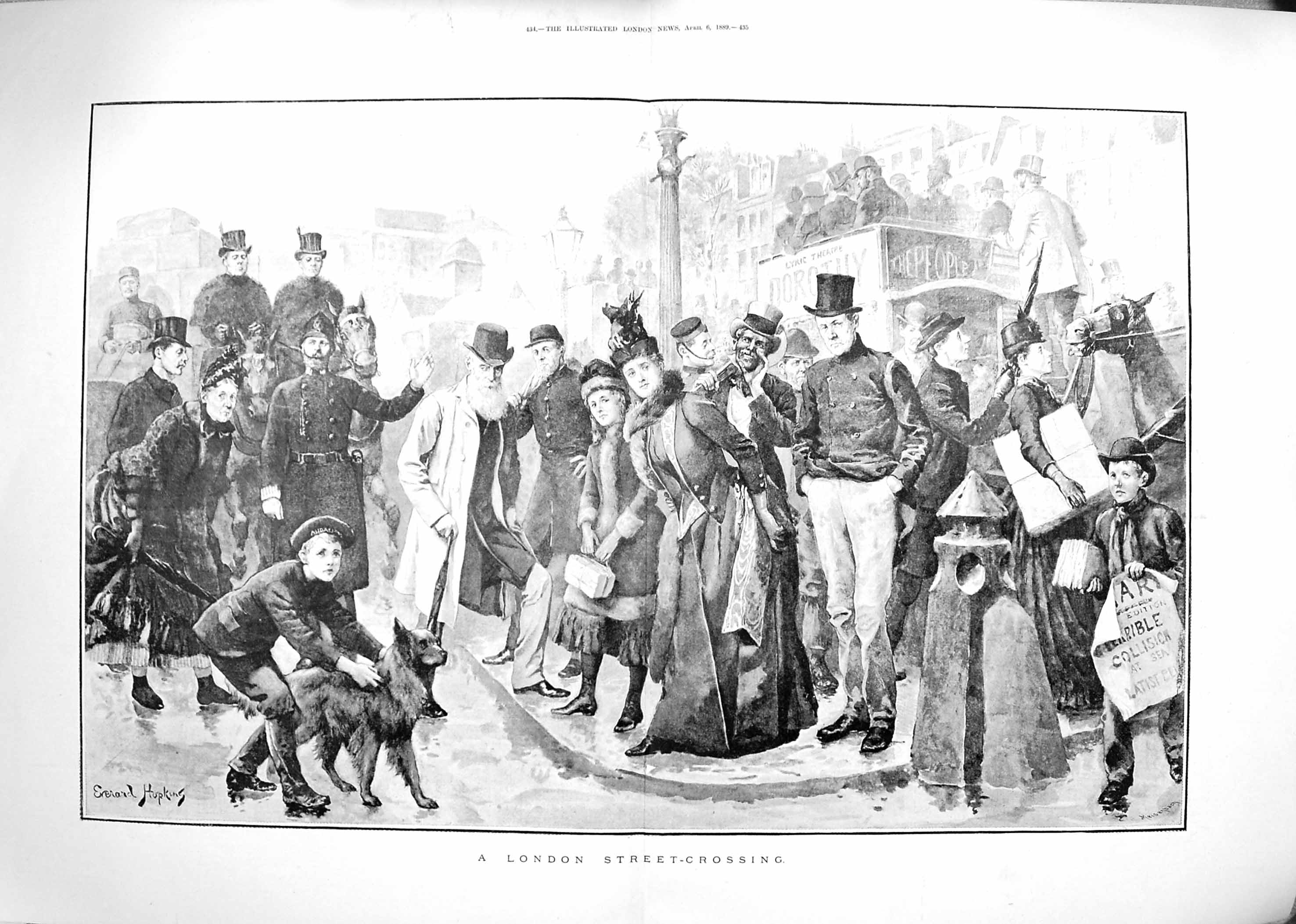 Original Old Antique Print 1889 London Street Crossing Policeman Children Dog