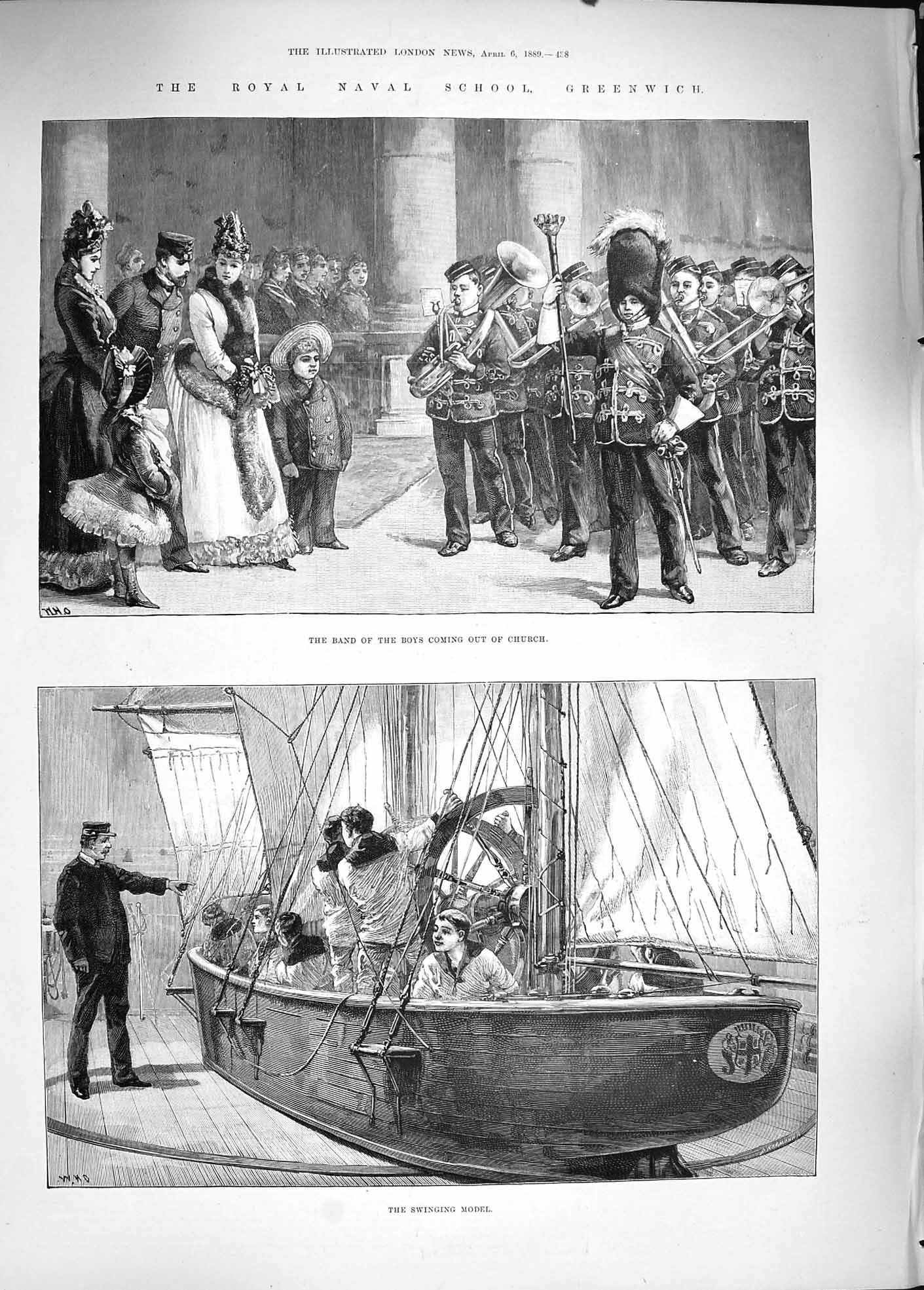 Old Antique Print 1889 Royal Naval School Greenwich Model Boat Music Band 19th