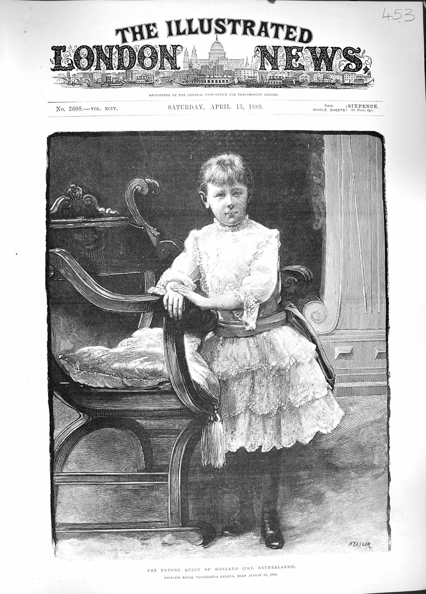 Original Old Antique Print 1889 Portrait Girl Future Queen Holland Netherlands