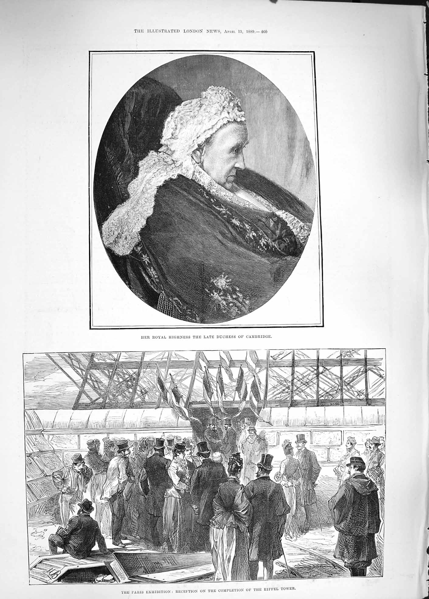 Original Old Antique Print 1889 Duchess Cambridge Paris Exhibition Eiffel Tower