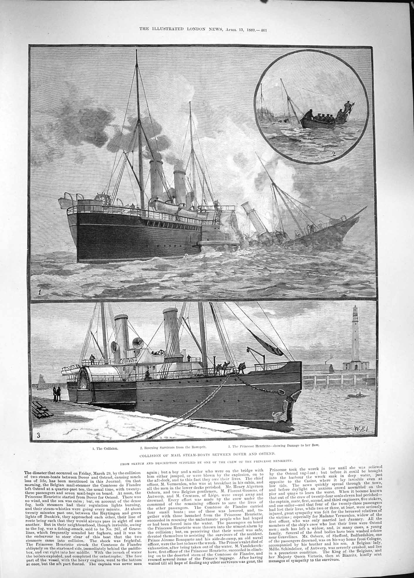 Original Old Antique Print 1889 Mail Ship Collision Princesse Henriette B 19th