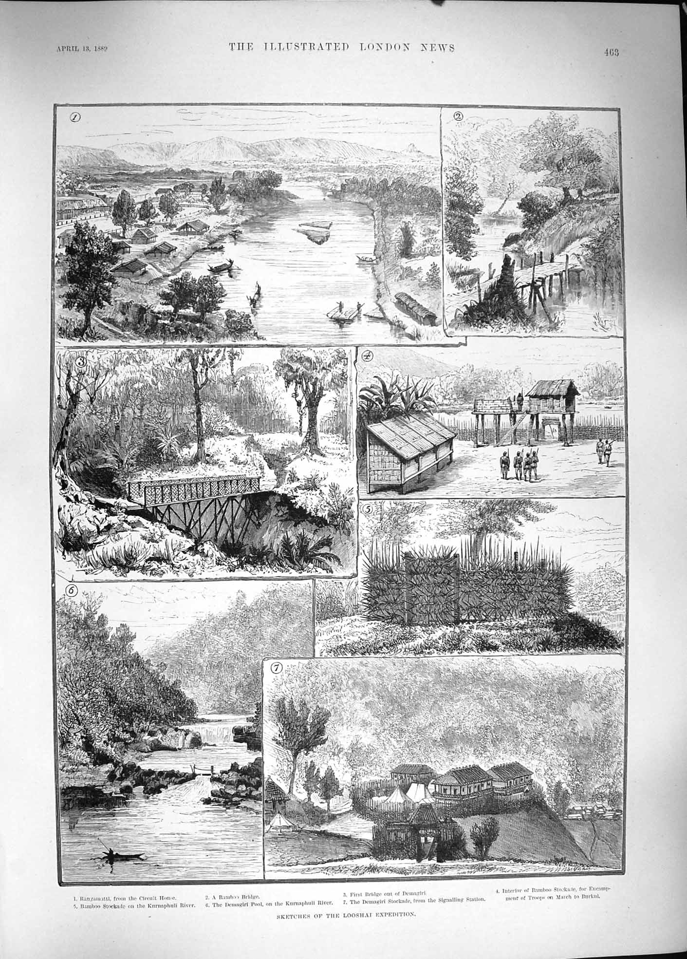 Original Old Antique Print 1889 Looshai Expedition Demagiri Kurnaphuli River